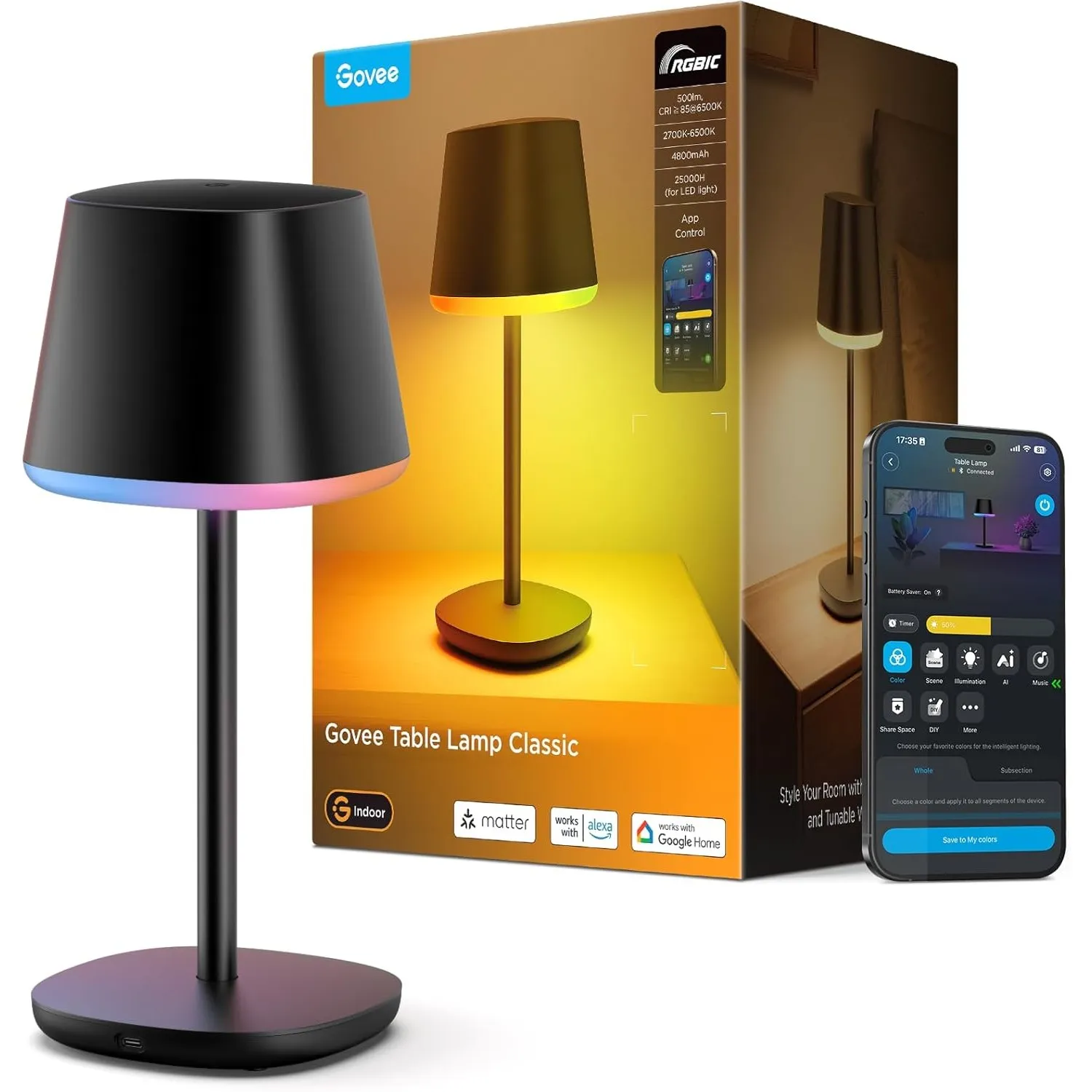 Govee Tischlampe Kabellos Akku, RGBICWW Tischleuchte Kompatibel mit Matter