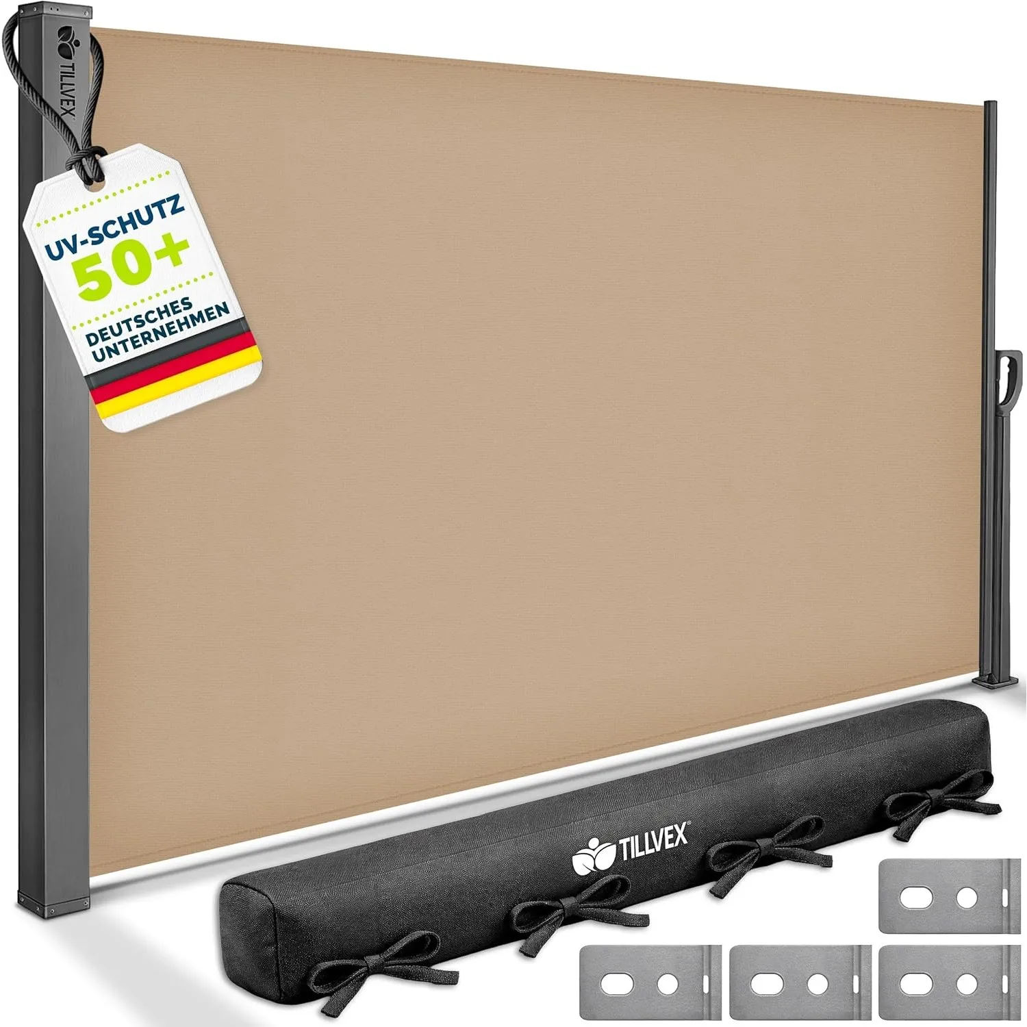 tillvex® Seitenmarkise 160 x 300 cm ausziehbar & Blickdicht mit Regencover