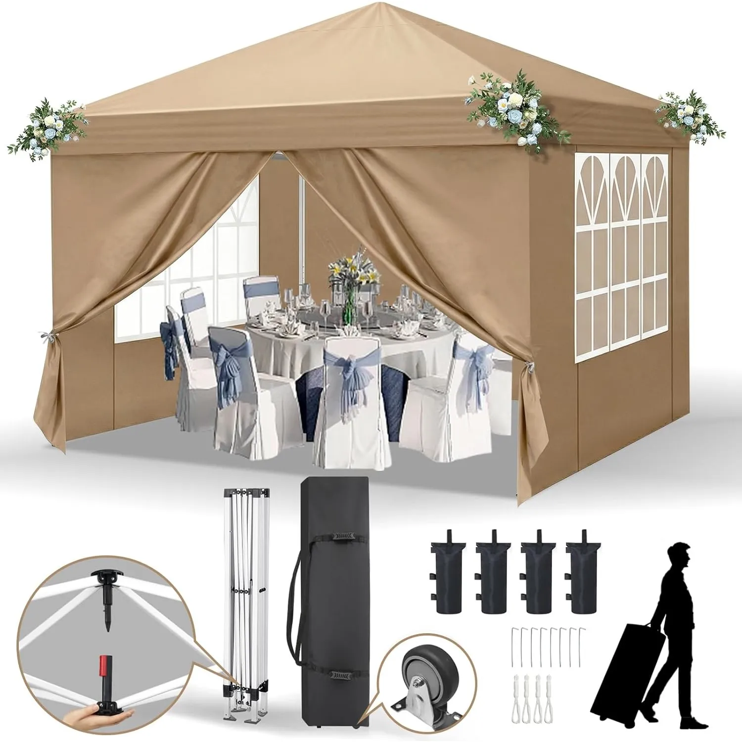 LEADZM Pavillon 3x3 m,Pop-Up Faltpavillon One-Touch,Khaki | Metallrahmen,Wasserdicht UV-Schutz 50+ Stabil, Höhenverstel…