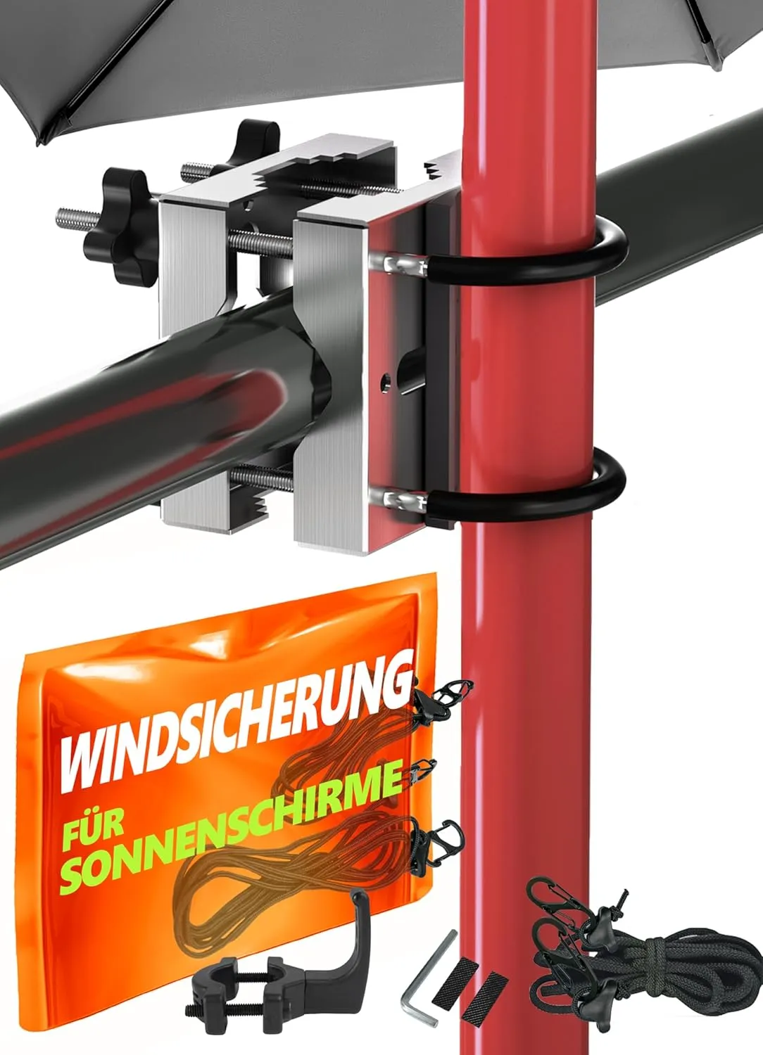4smile SunnyEasy Parasol Holder Balcony Railing + Wind Protection for Umbrellas, Stainless Steel Parasol Holder, Balcon…