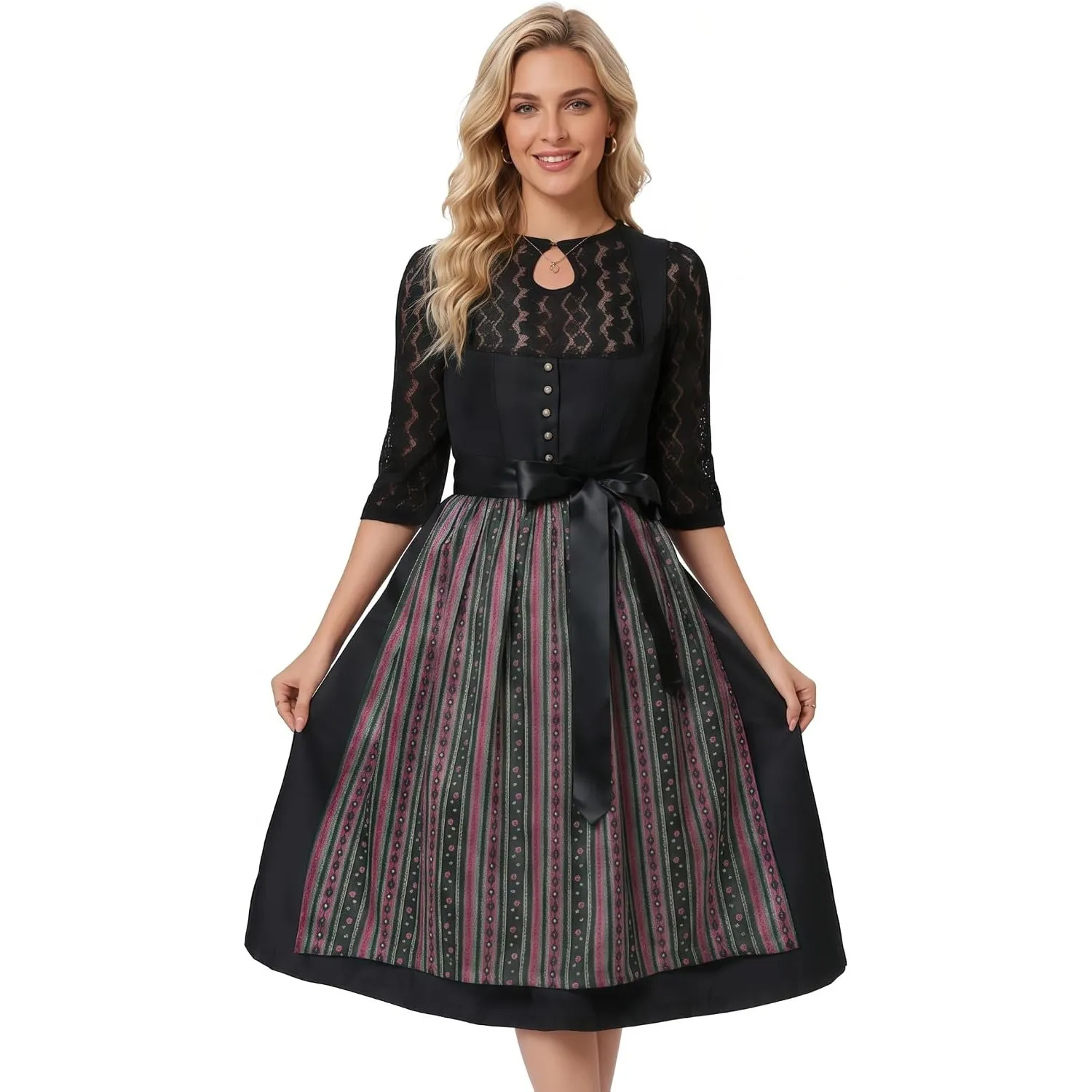 YesFashion Dirndl Trachten Damen 3tlg. Midi Trachtenkleid inkl.Dirndlkleid, Dirndlbluse und Dirndlschürze für Oktoberfe…