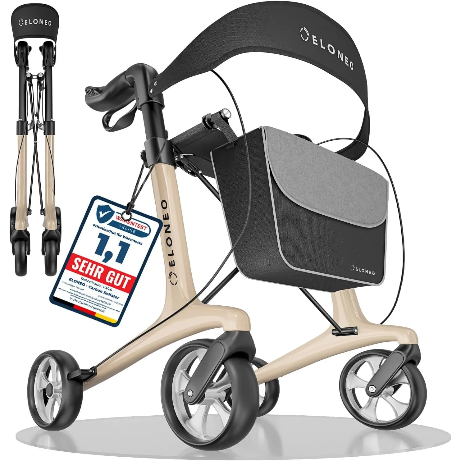 Carbon Rollator faltbar und leicht mit Sitz, Leichtgewicht-Reiserollator ultraleicht 5,5 kg, Gehhilfe für Senioren 9-fa…