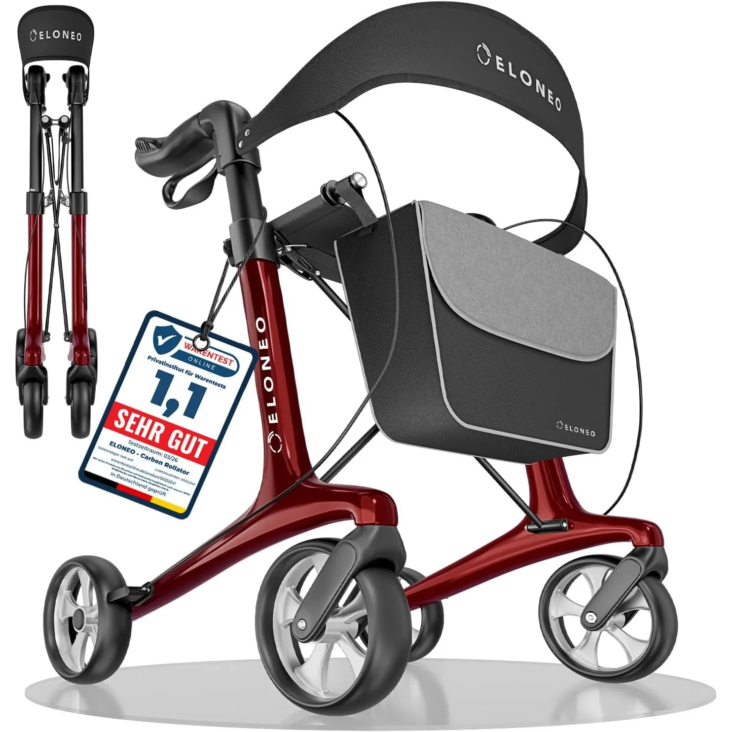 Carbon Rollator faltbar und leicht mit Sitz, Leichtgewicht-Reiserollator ultraleicht 5,5 kg, Gehhilfe für Senioren 9-fa…