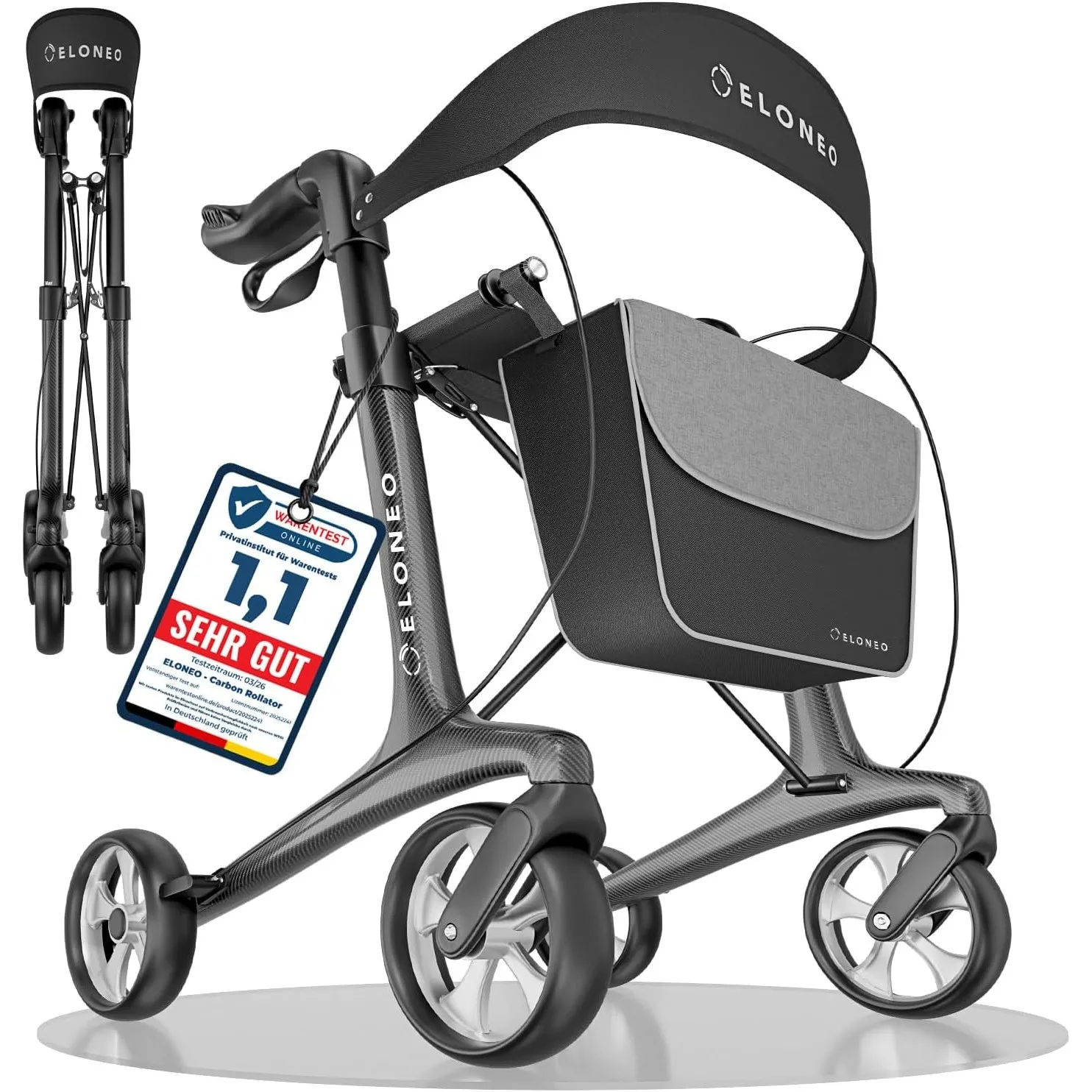 Carbon Rollator faltbar und leicht mit Sitz, Leichtgewicht-Reiserollator ultraleicht 5,5 kg, Gehhilfe für Senioren 9-fa…
