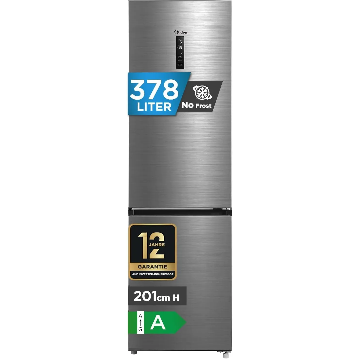 Midea 378L Kühlschrank mit Gefrierfach,201cm,29dB,EEK A,NoFrost,DualCooling