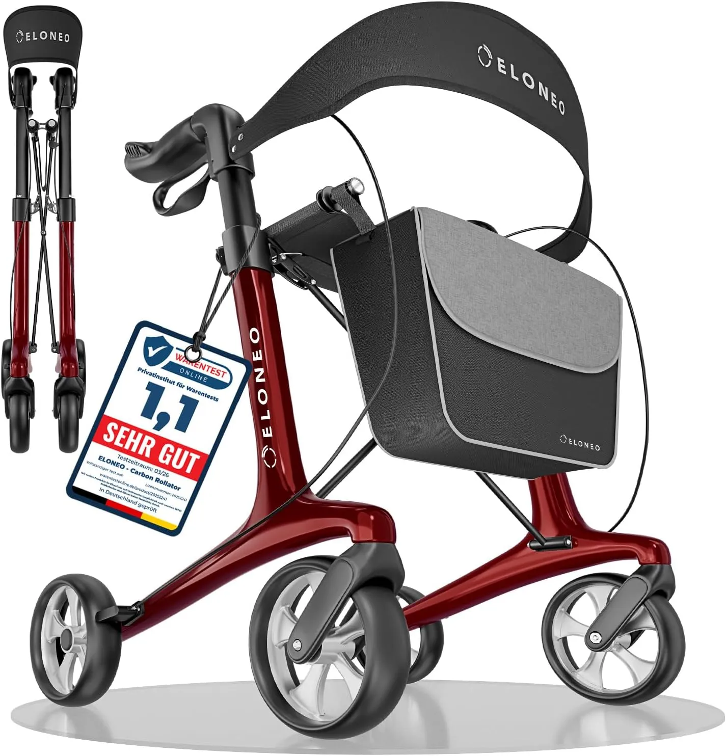 Carbon Rollator faltbar und leicht mit Sitz, Leichtgewicht-Reiserollator ultraleicht 5,1 kg, Gehhilfe für Senioren 9-fa…