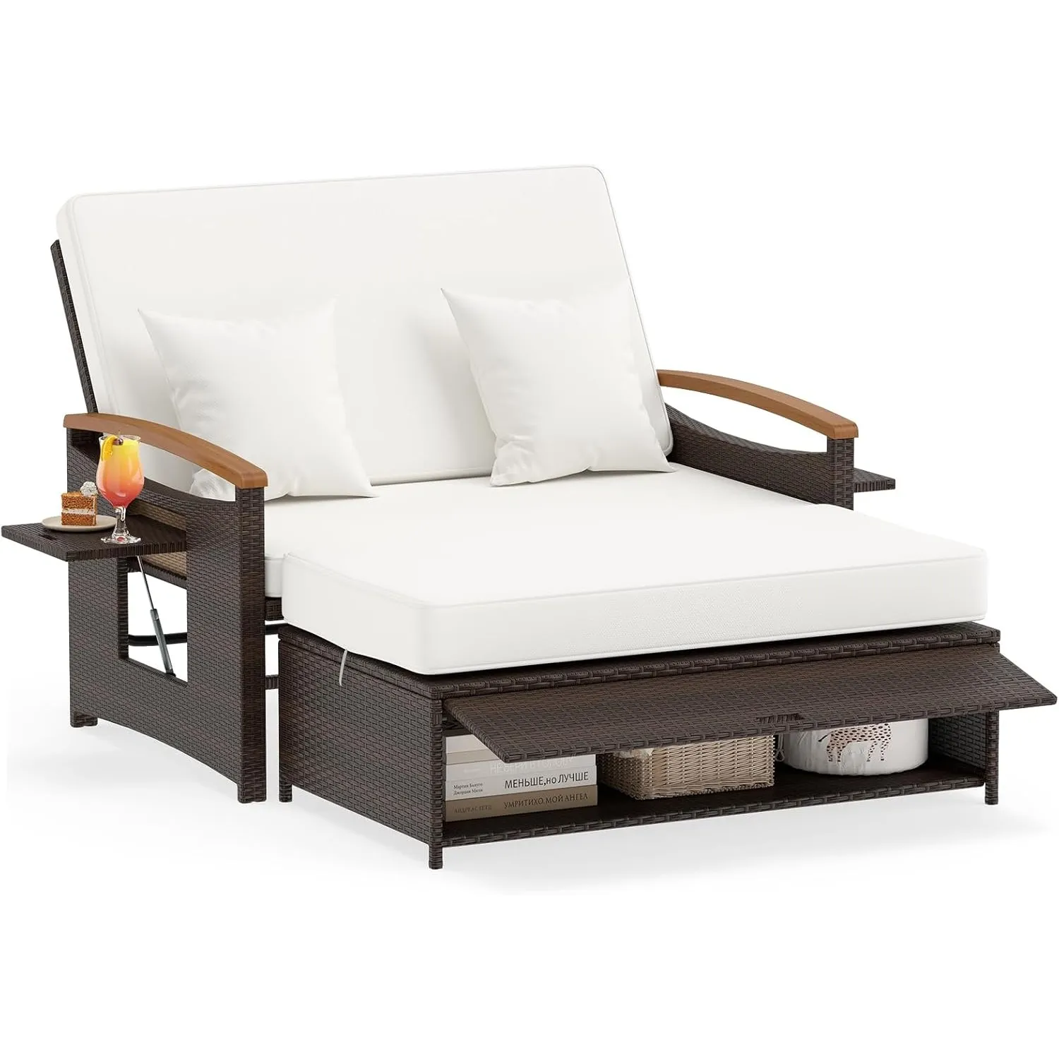 COSTWAY Polyrattan Sonnenliege, Gartenliege mit Verstellbarer Rückenlehne & ausklappbarem Seitenablage, Loungebett, Dop…