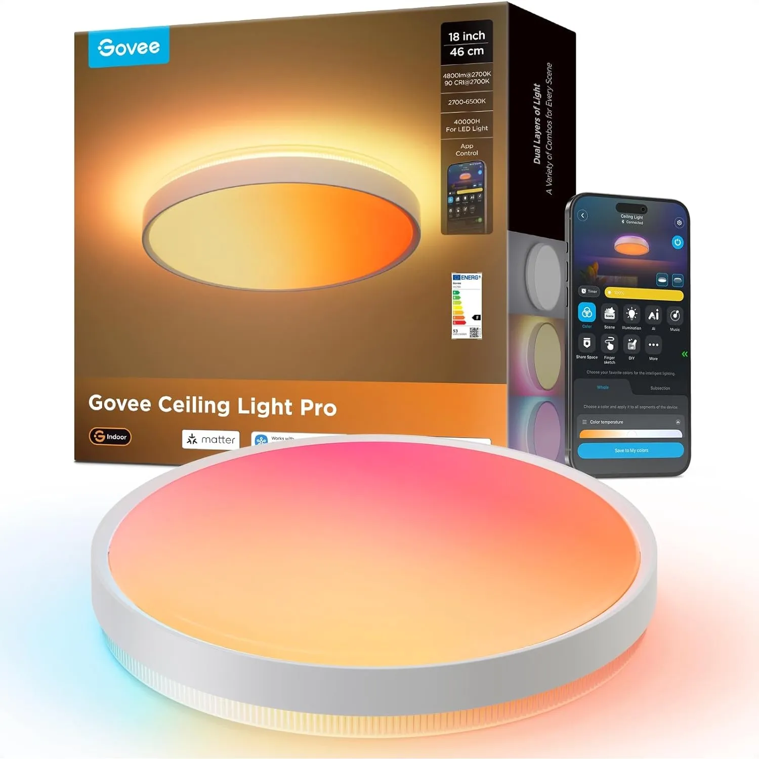 Govee RGBICWW Deckenlampe Pro55W, 4800lm LED Deckenleuchte Dimmbar,Ø45,5cm