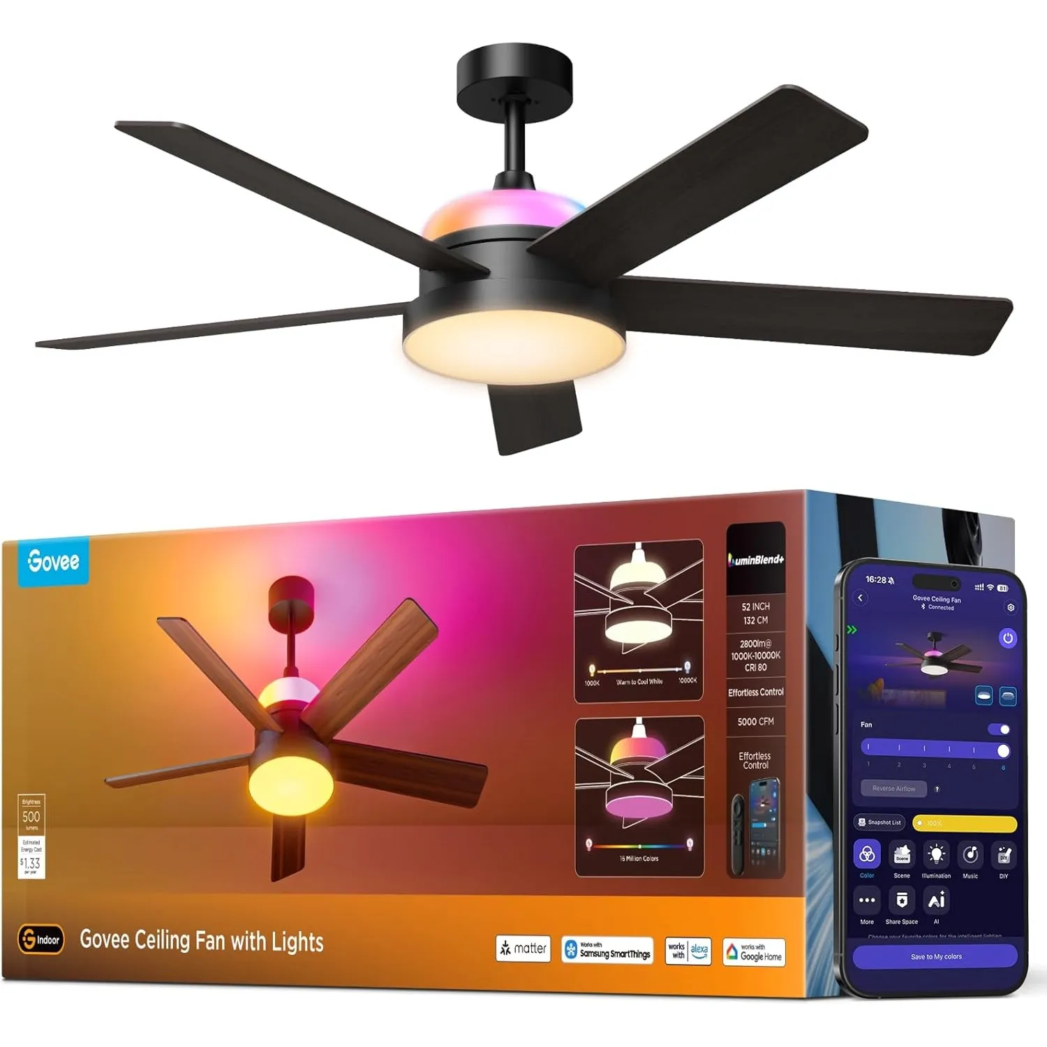 Govee Deckenventilator mit Beleuchtung RGBIC, Ø132cm Smart Leise Deckenventilator mit Licht und Fernbedienung, 2800 lm,…