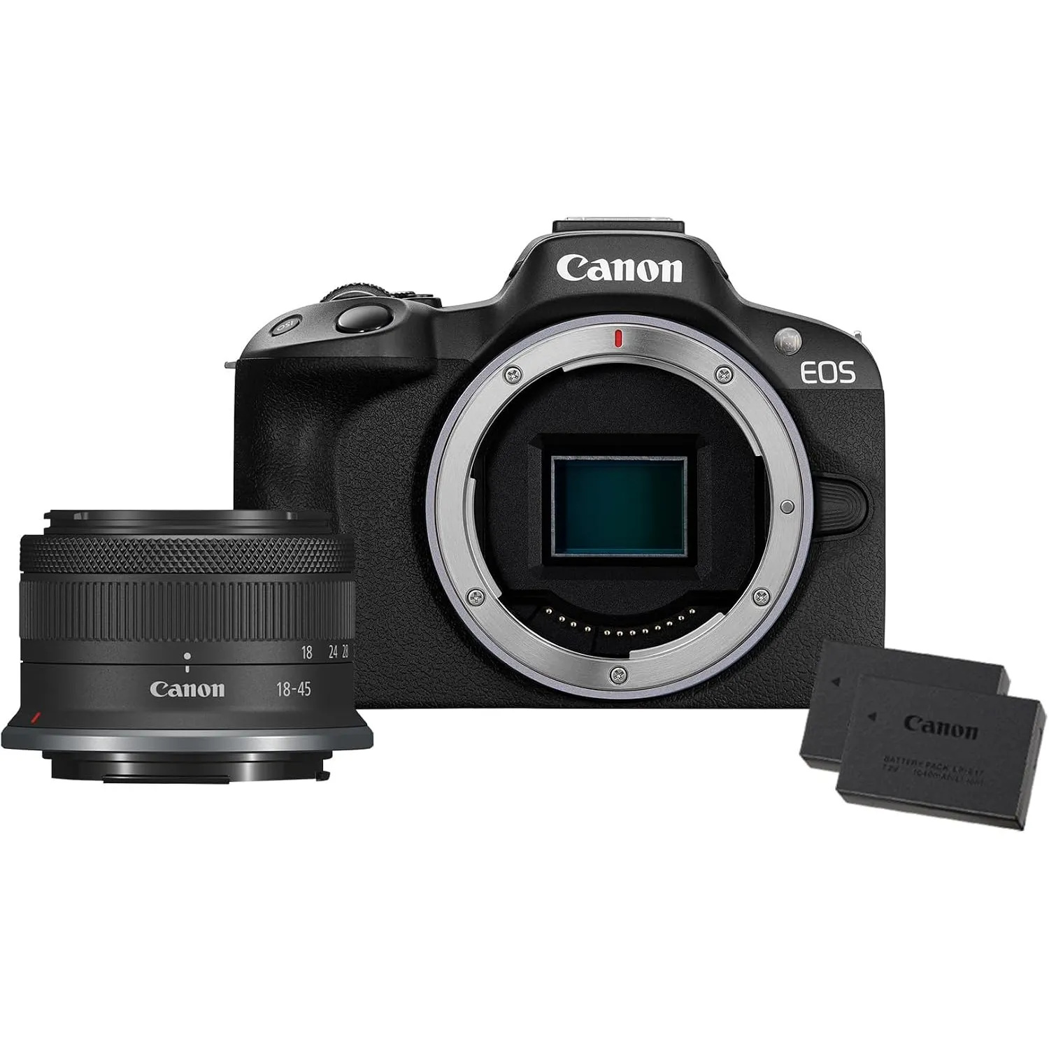 Canon EOS R50 Systemkamera + RF-S 18-45mm is STM Objektiv + 2X Batterien (Zusätzliches Akku-Kit) - Spiegellose Kamera (…