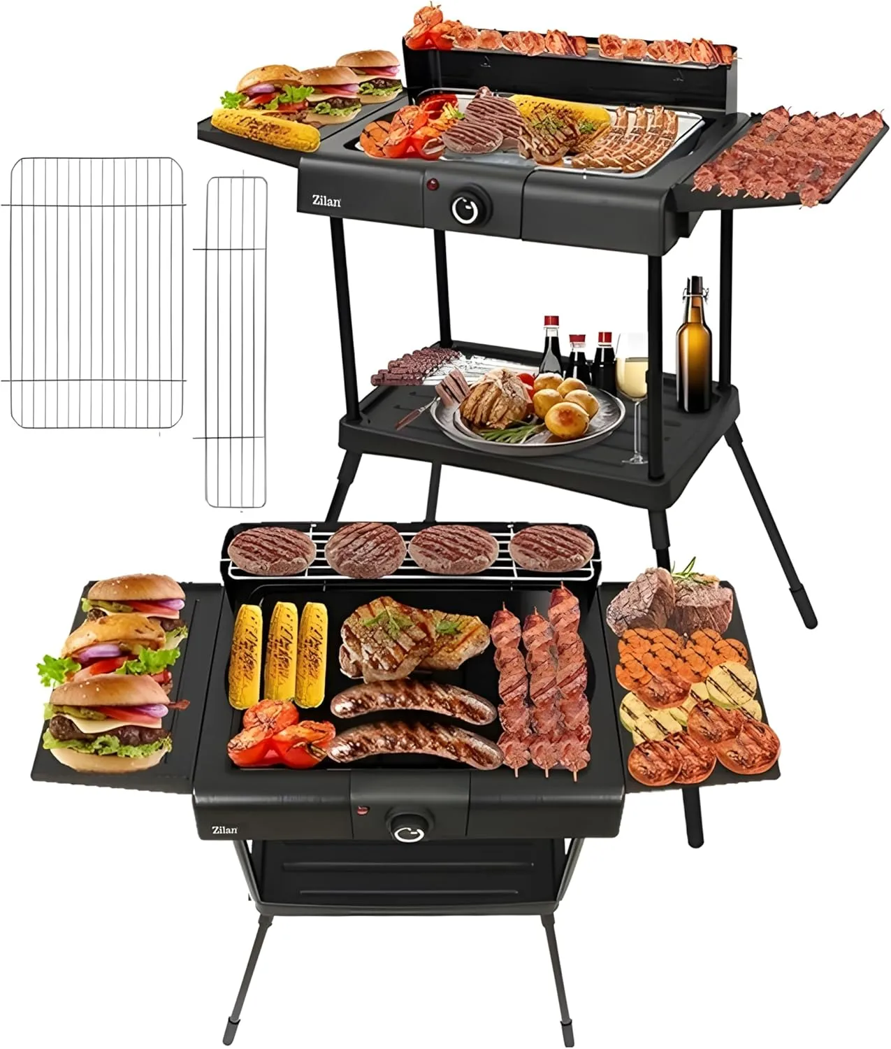2in1 Elektro Grill Standgrill Tischgrill elektrisch 2.400 Watt - Elektrogrill für Balkon, Draußen & Drinnen mit Standfu…