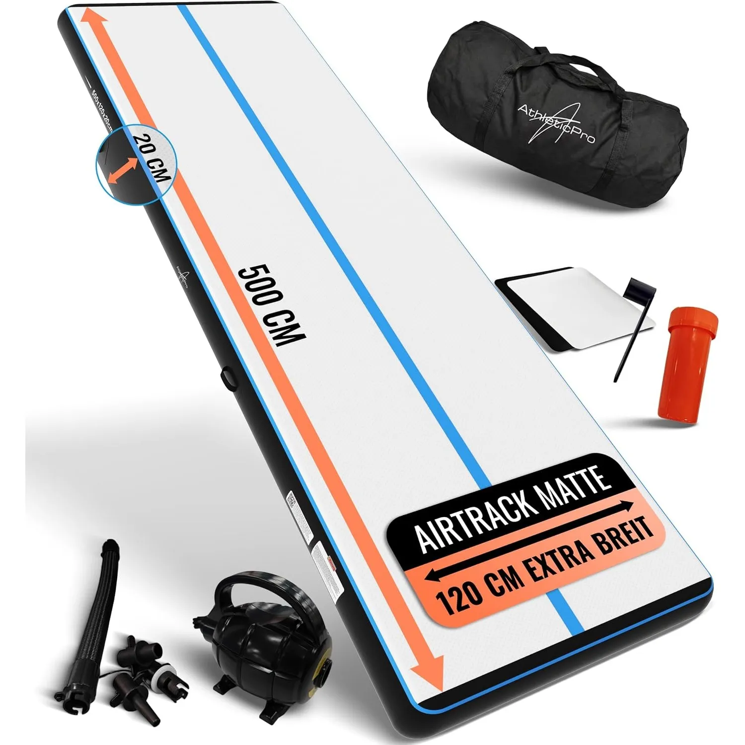 AthleticPro Airtrack Matte [3m/4m/5m Lang] - 120cm Extra Breit - 10/20cm Höhe - Aufblasbare Turnmatte für Bodenturnen &…