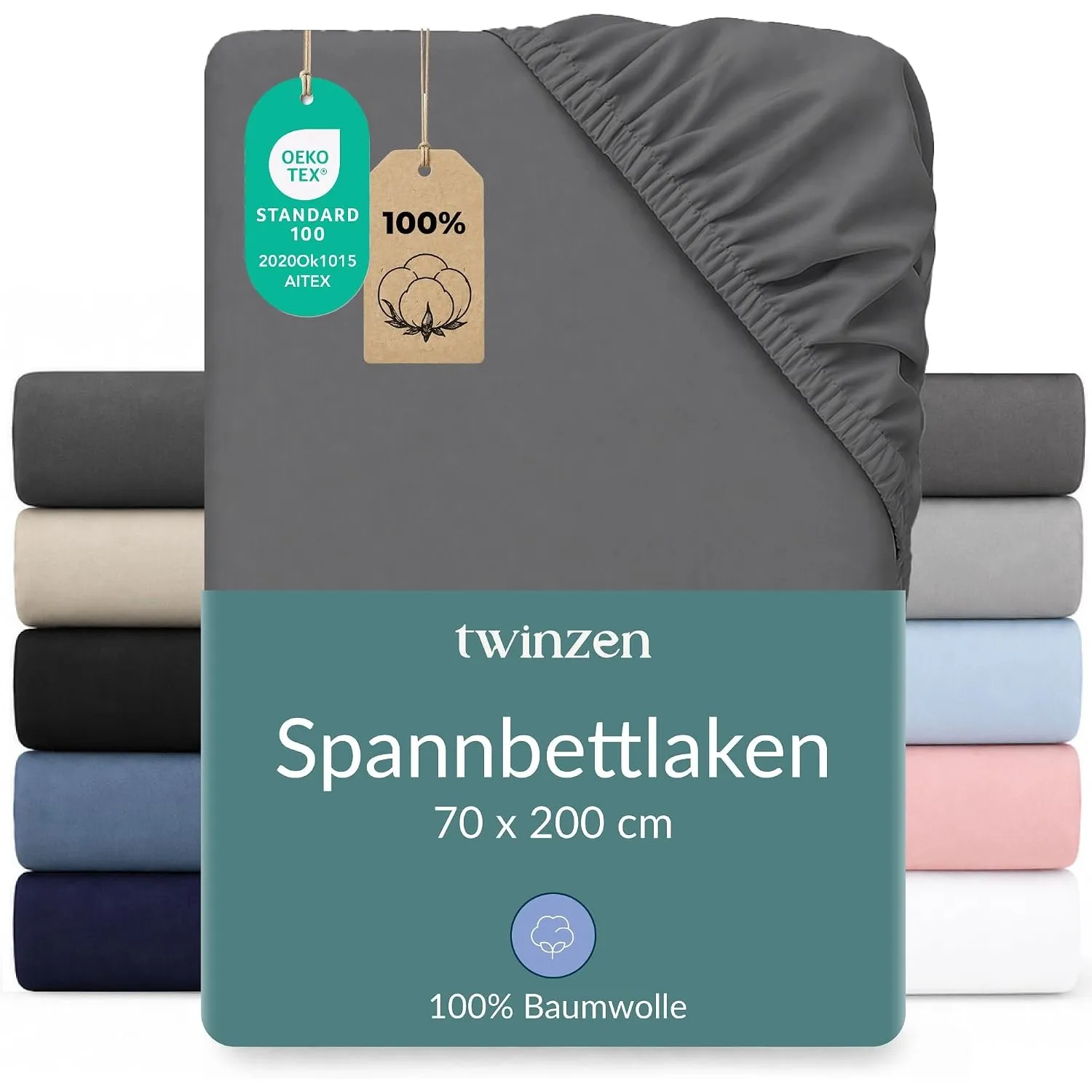 Twinzen Spannbettlaken Baumwoll-Jersey 70x200 Anthrazit Steghöhe 15 cm