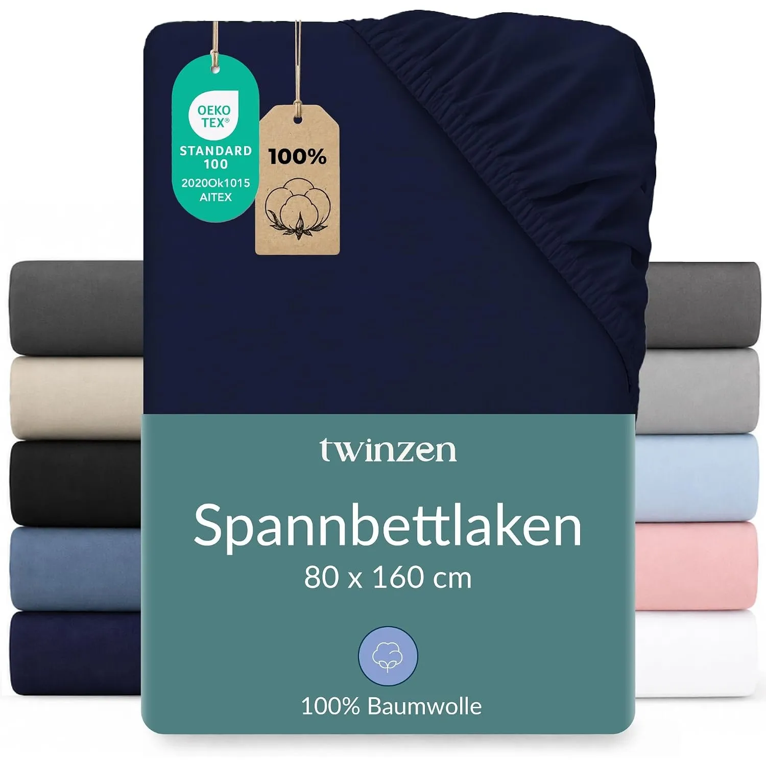 Twinzen Spannbettlaken Baumwoll-Jersey 80x160 Dunkelblau Steghöhe 15 cm