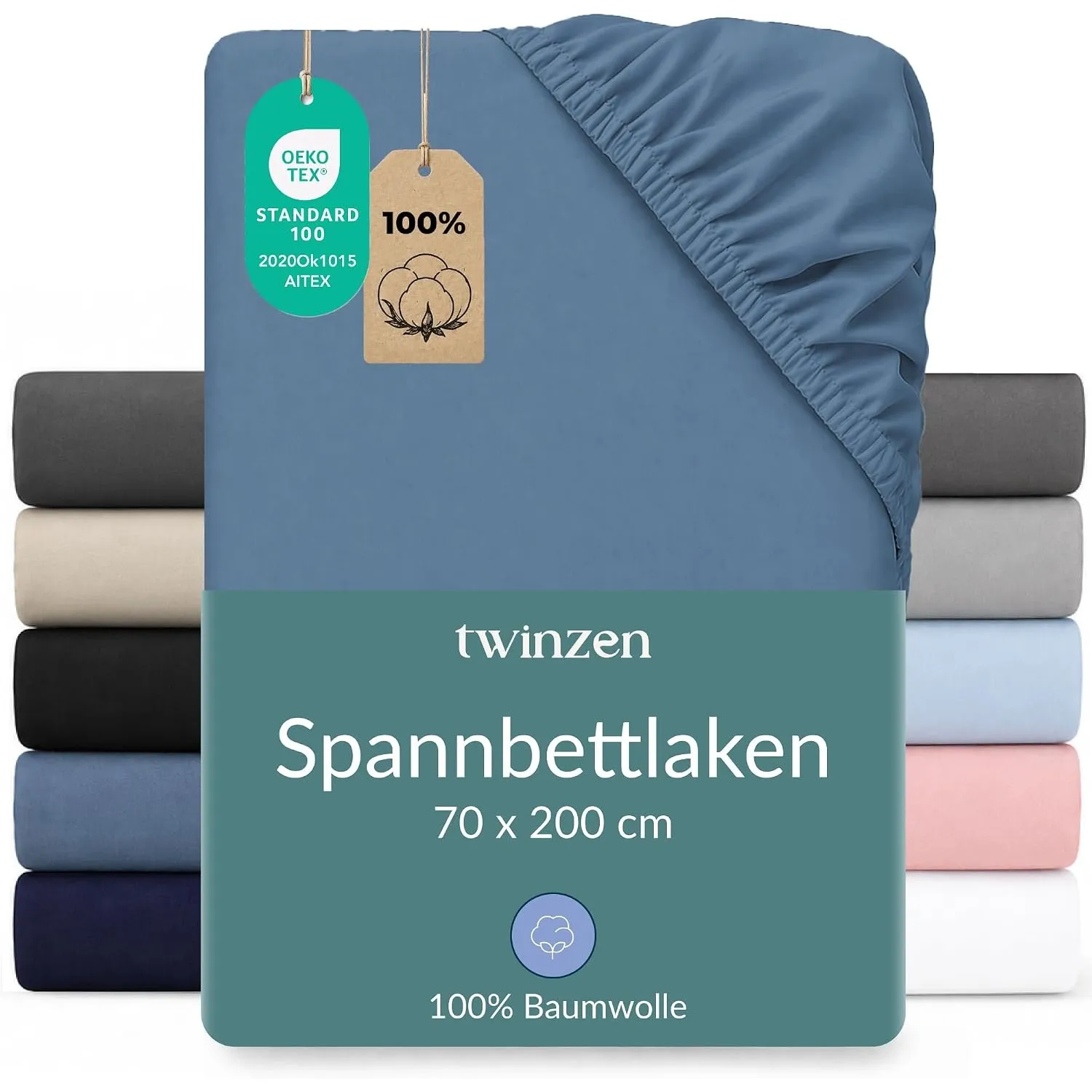 Twinzen Spannbettlaken Baumwoll-Jersey 70x200 Blau Steghöhe 15 cm | Weich & hautfreundlich · Atmungsaktiv · Rundumgummi…
