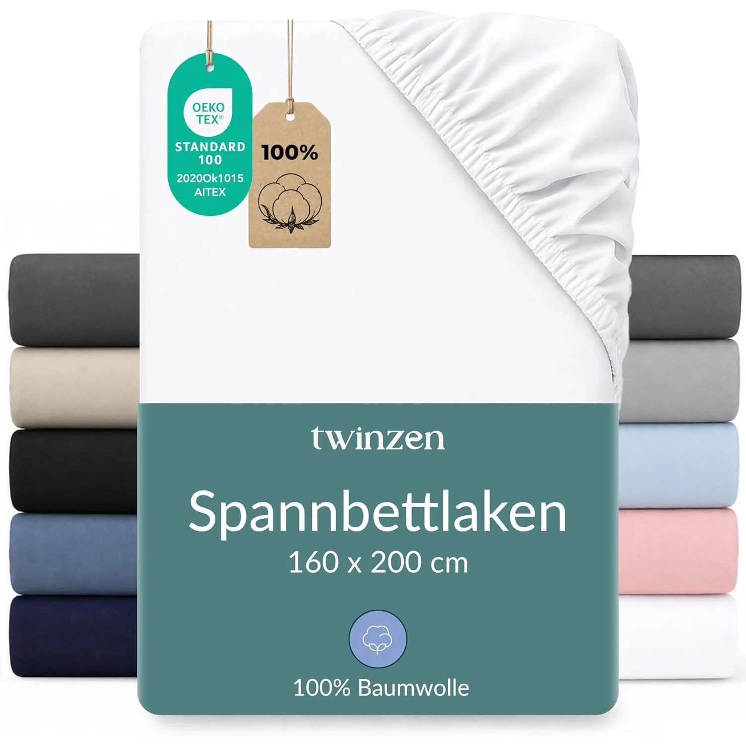 Twinzen Spannbettlaken Baumwoll-Jersey 160x200 Weiß Steghöhe 30 cm