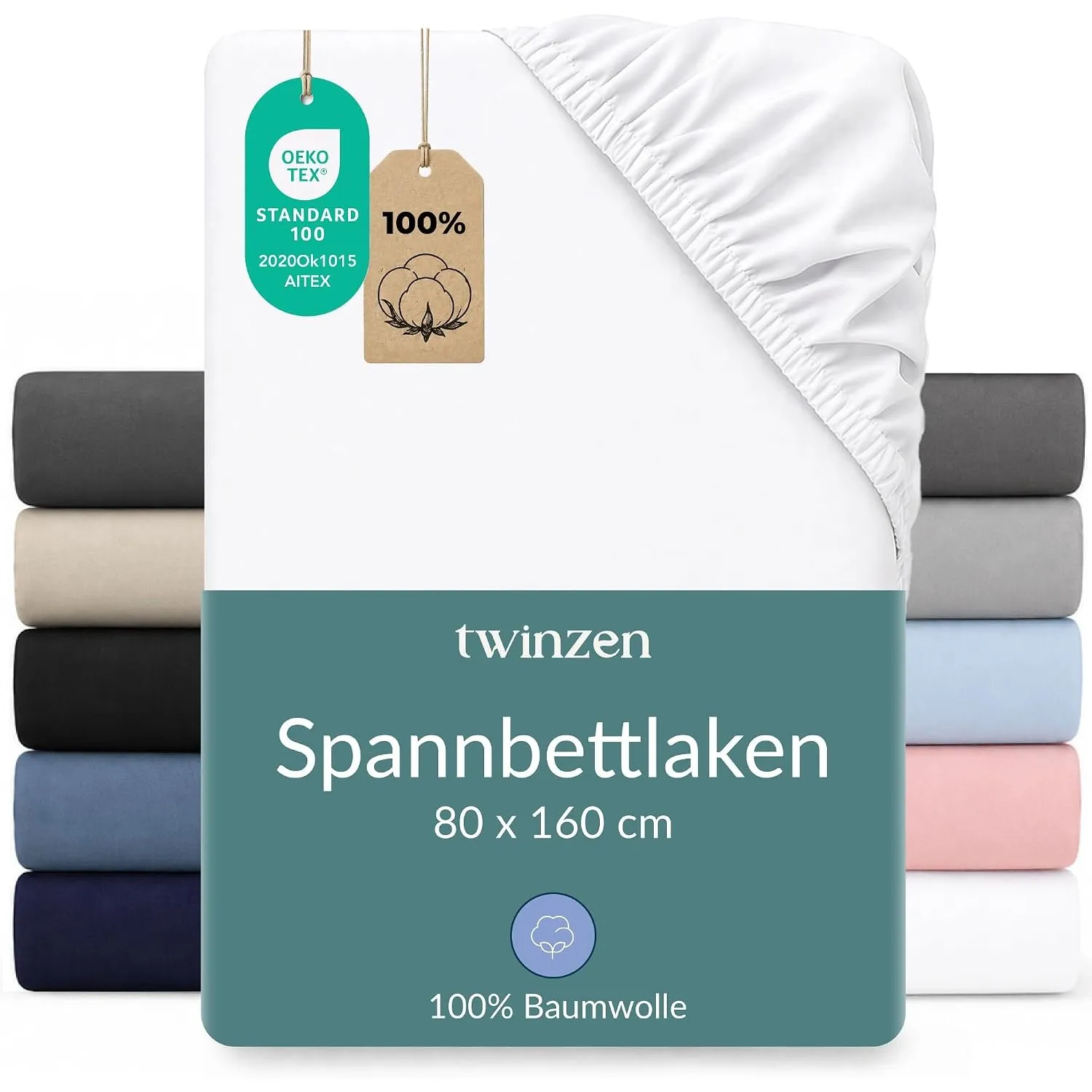 Twinzen Spannbettlaken Baumwoll-Jersey 80x160 Weiß Steghöhe 15 cm