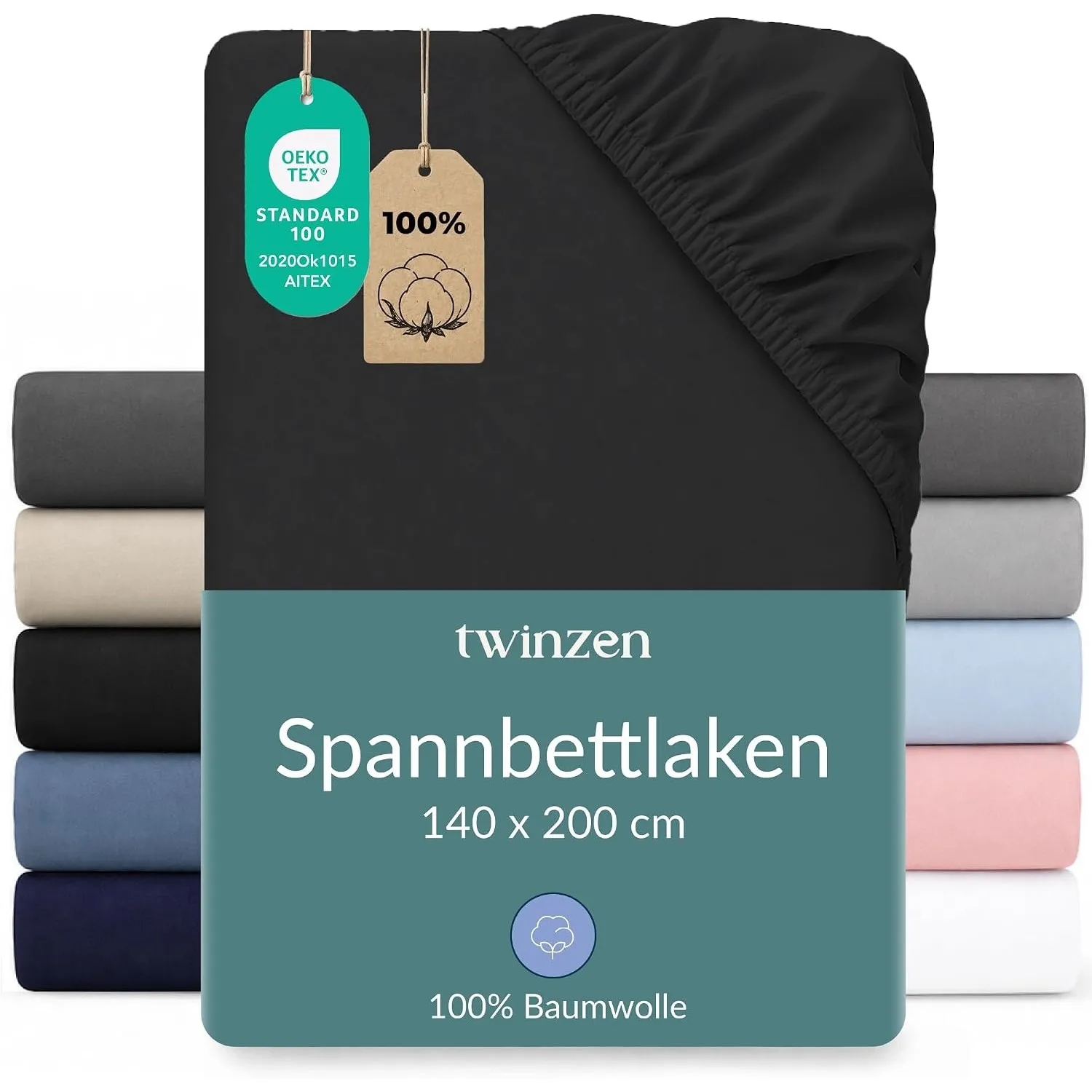 Twinzen Spannbettlaken Baumwoll-Jersey 140x200 Schwarz Steghöhe 30 cm | Weich & hautfreundlich · Atmungsaktiv · Rundumg…