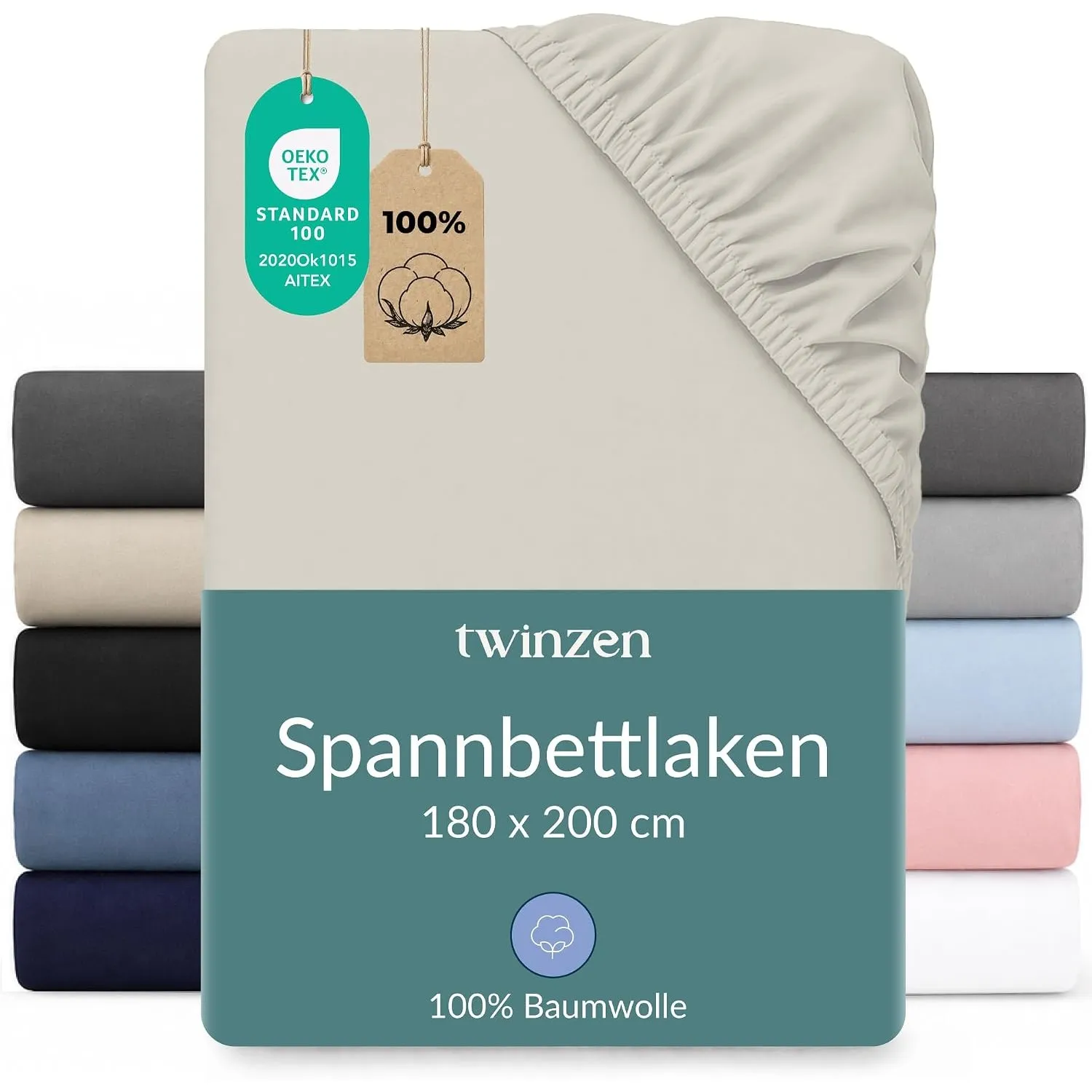 Twinzen Spannbettlaken Baumwoll-Jersey 180x200 Beige Steghöhe 30 cm | Weich & hautfreundlich · Atmungsaktiv · Rundumgum…