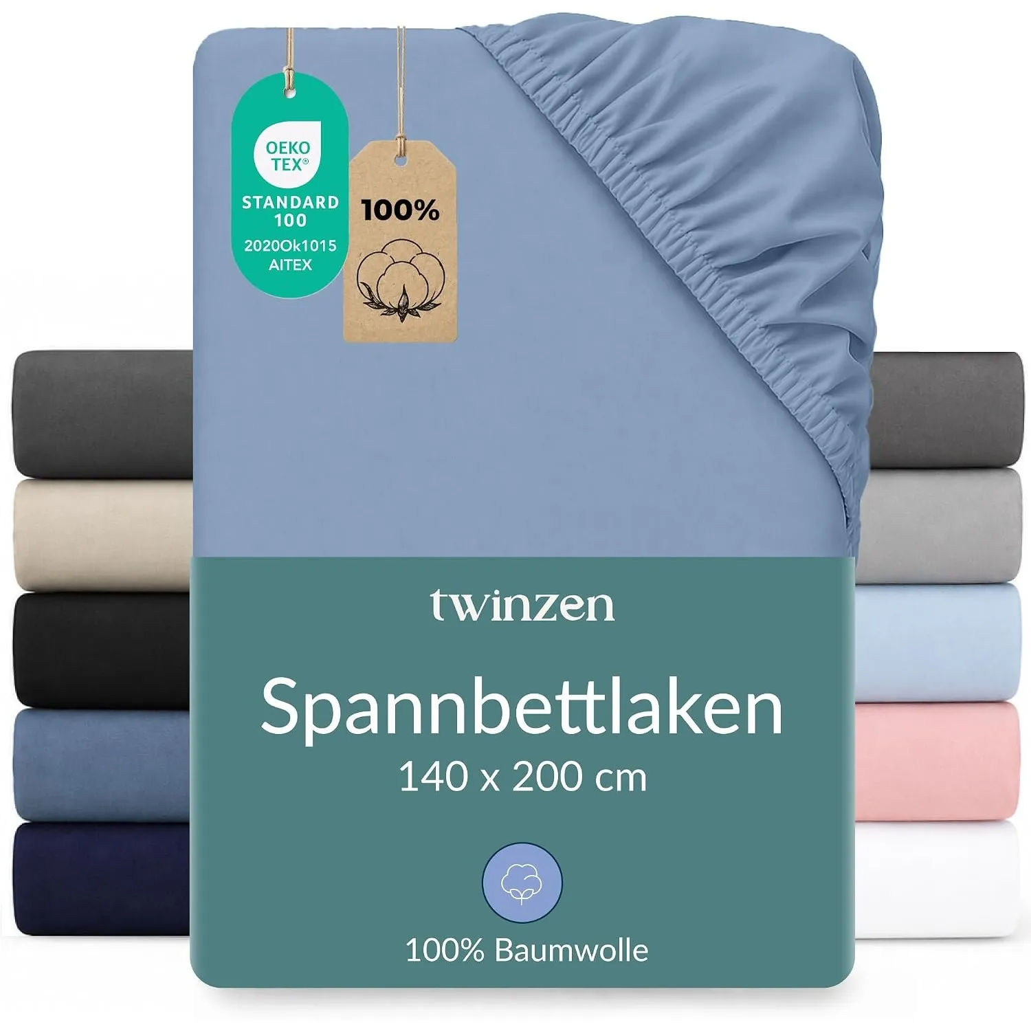 Twinzen Spannbettlaken Baumwoll-Jersey 140x200 Hellblau Steghöhe 30 cm