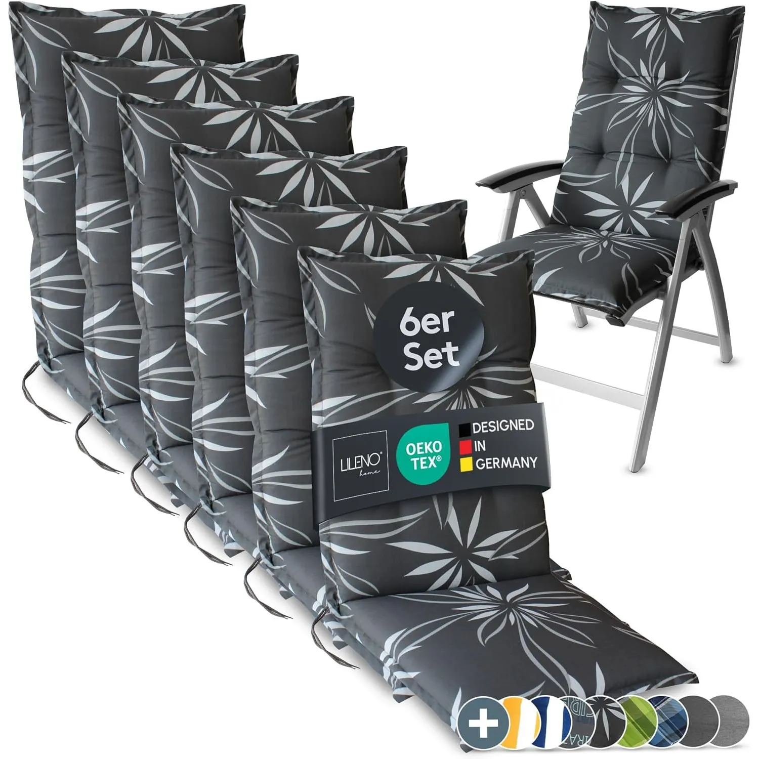 LILENO HOME Gartenstuhl Auflagen als [6er Set - Hochlehner] in Blume Anthrazit-Weiß - Bequeme Liegen als Sitzauflagen f…