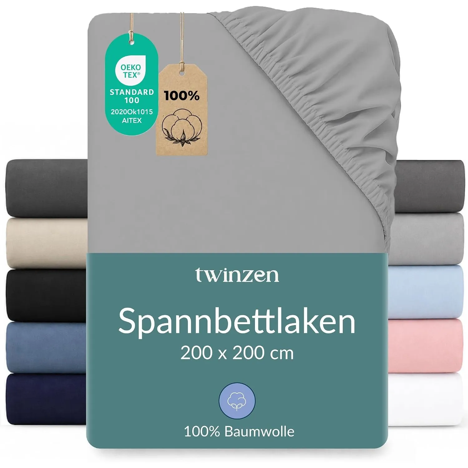 Twinzen Spannbettlaken Baumwoll-Jersey 200x200 Grau Steghöhe 30 cm | Weich & hautfreundlich · Atmungsaktiv · Rundumgumm…