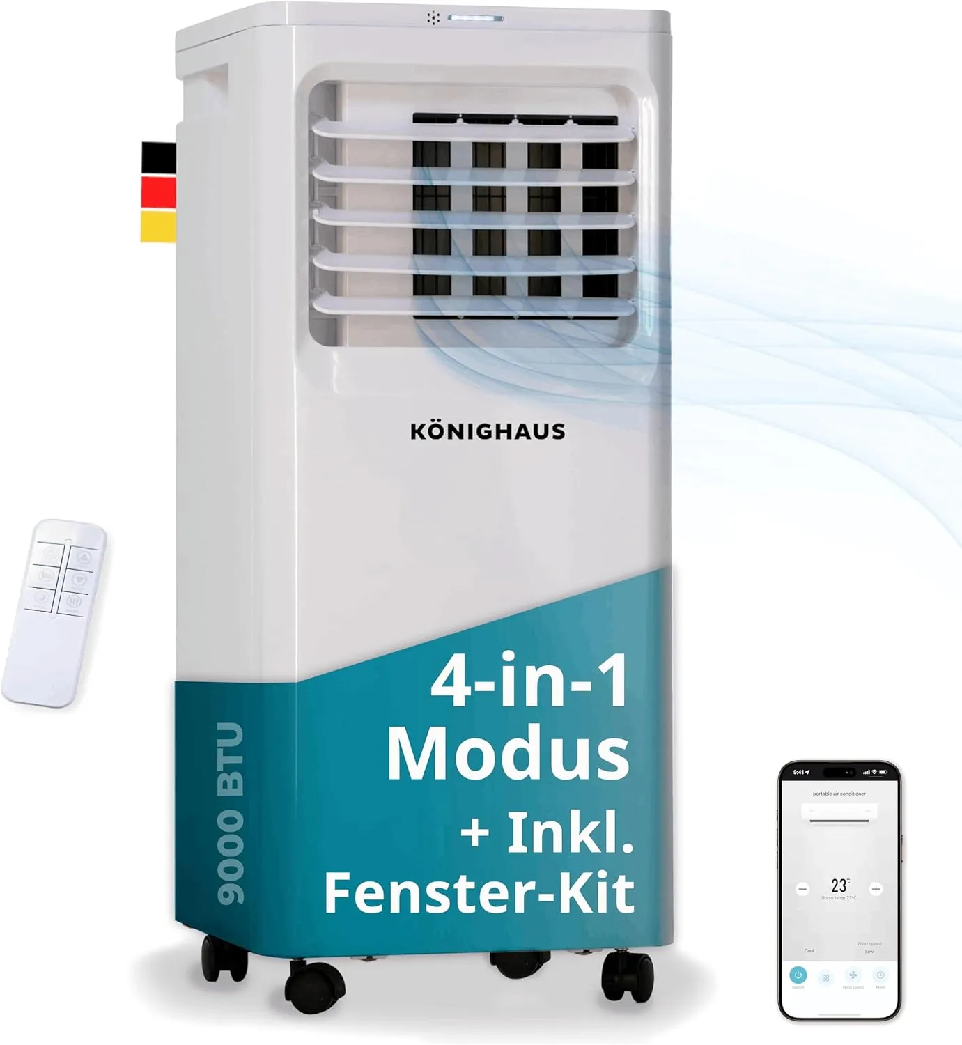 Könighaus Smart Mobile Air Conditioner 9000 BTU for Rooms up to 25 m² - 4-in-1 Function with Cooling, Dehumidification,…