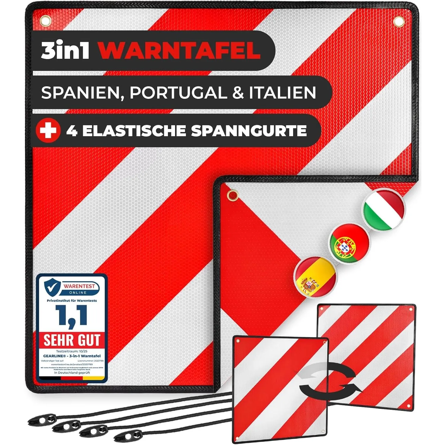 3-in-1 Warntafel für Italien, Spanien & Portugal [inkl. 4 Spanngurte] - Reflektierendes Warnschild für Heckträger bei R…