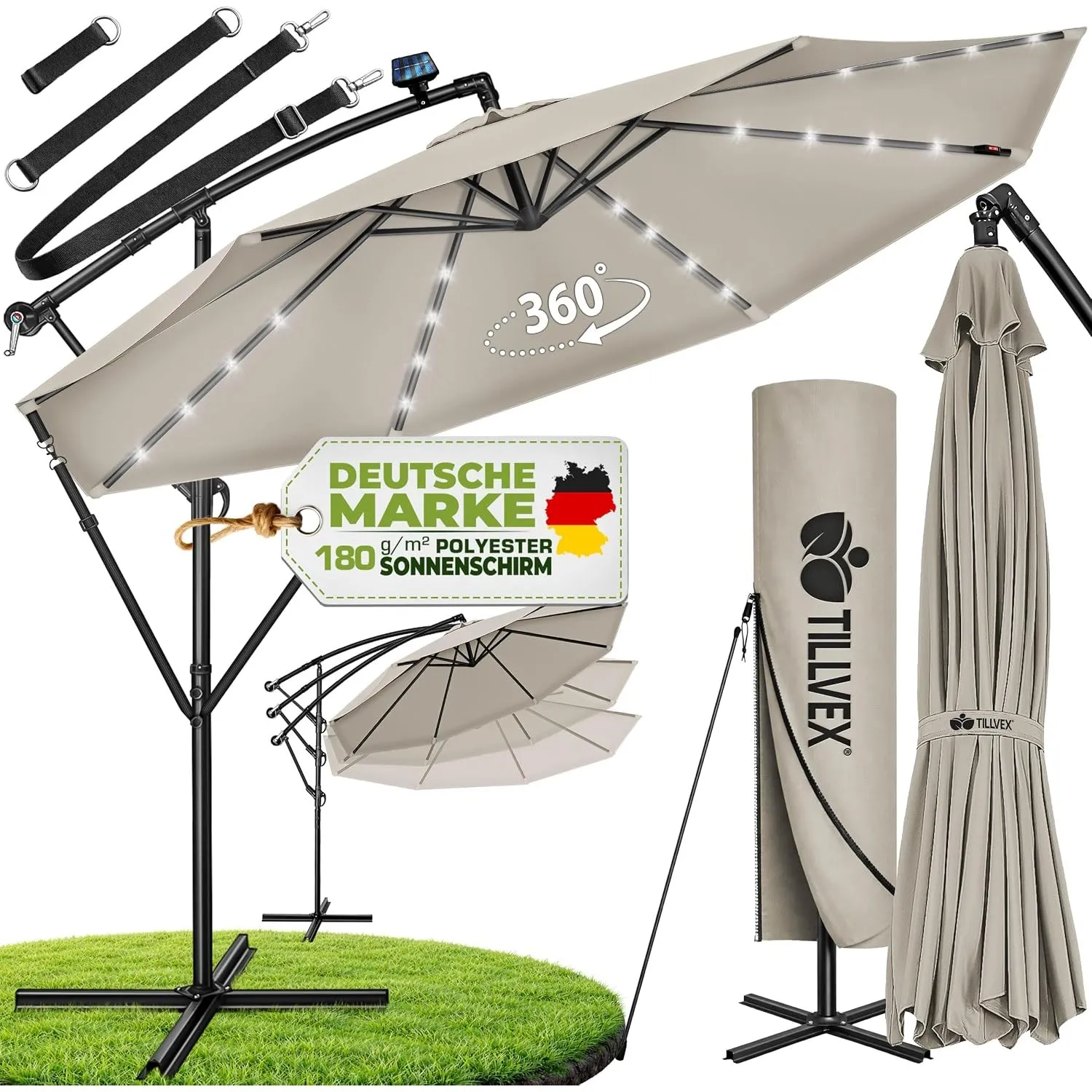 tillvex® Sonnenschirm Solar Ø 300/350 cm + Abdeckung & LED Beleuchtung | Ampelschirm mit Kurbel & Ständer | Gartenschir…