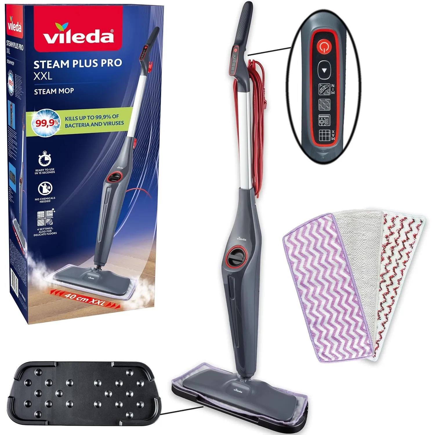 Vileda Steam Plus Pro XXL Dampfreiniger, 4 Dampfstufen, Grau/Rot