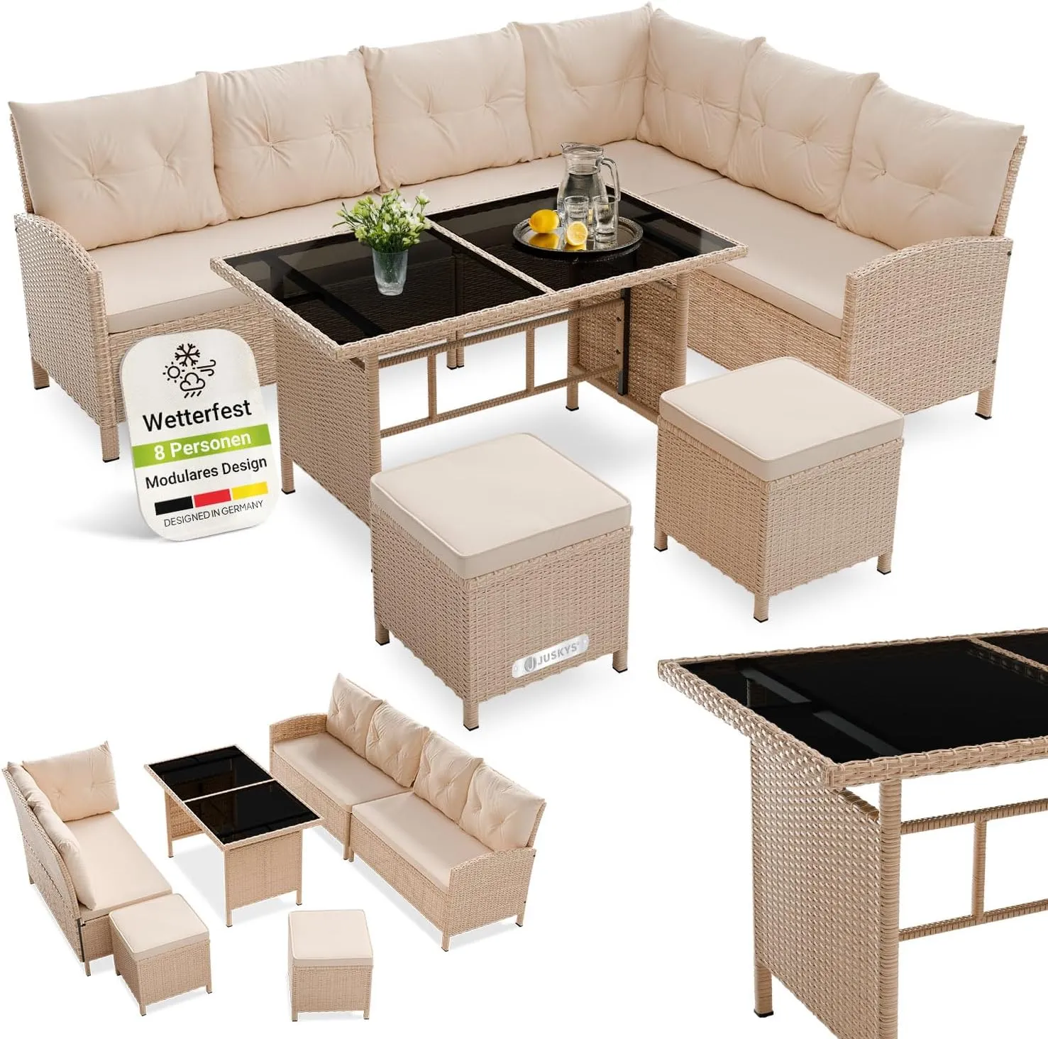 Juskys® Polyrattan Lounge Manacor mit Ecksofa, Esstisch, 2 Hocker & Kissen - Creme/Sand - wetterfest bis 7 Personen - B…