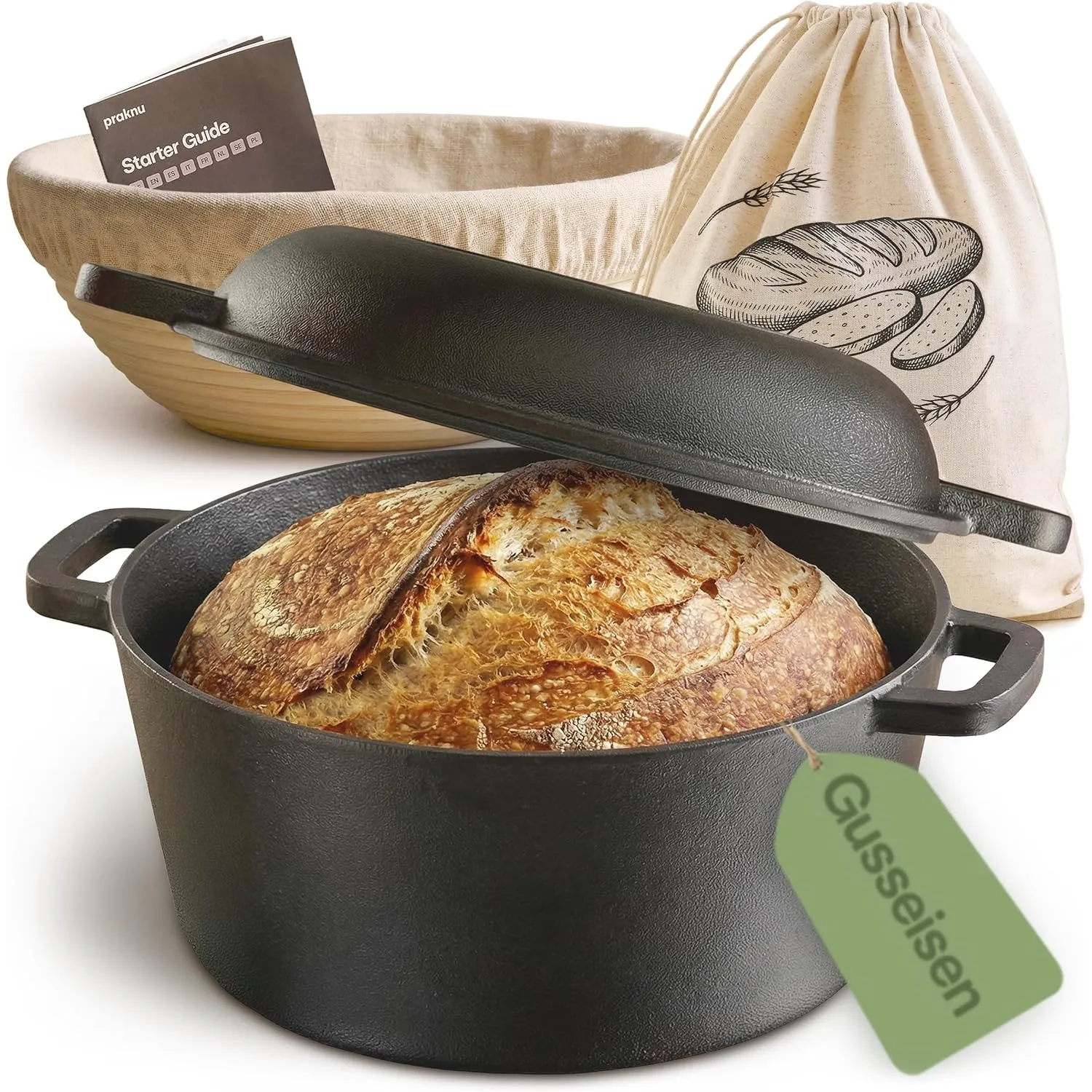 Praknu Gusseisen Topf Set Rund 26 cm – Brotbacktopf – Bräter mit Deckel