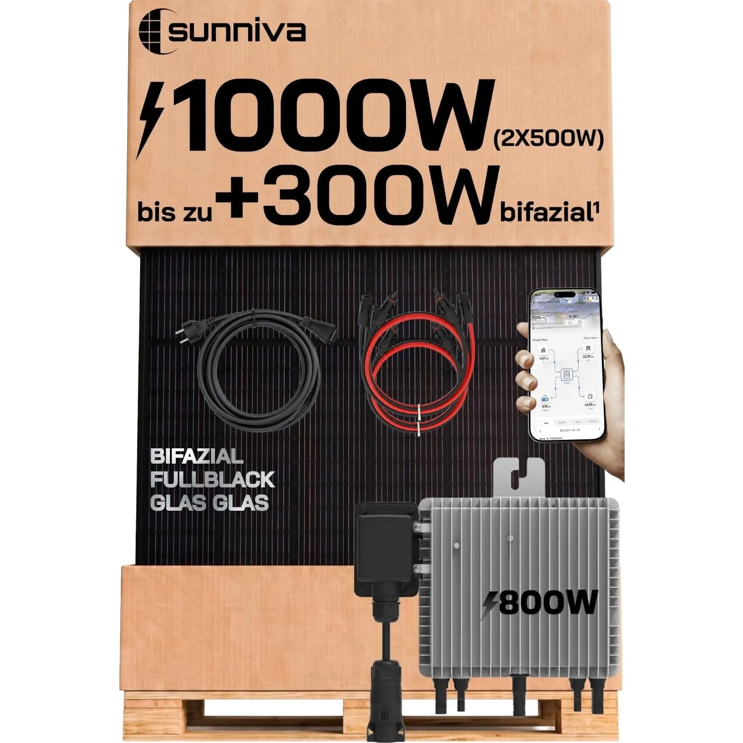 SUNNIVA® 1000W Balkonkraftwerk mit 800W Wechselrichter DEYE, BIFAZIAL FULLBLACK komplett Steckdose, PV Solaranlage Komp…