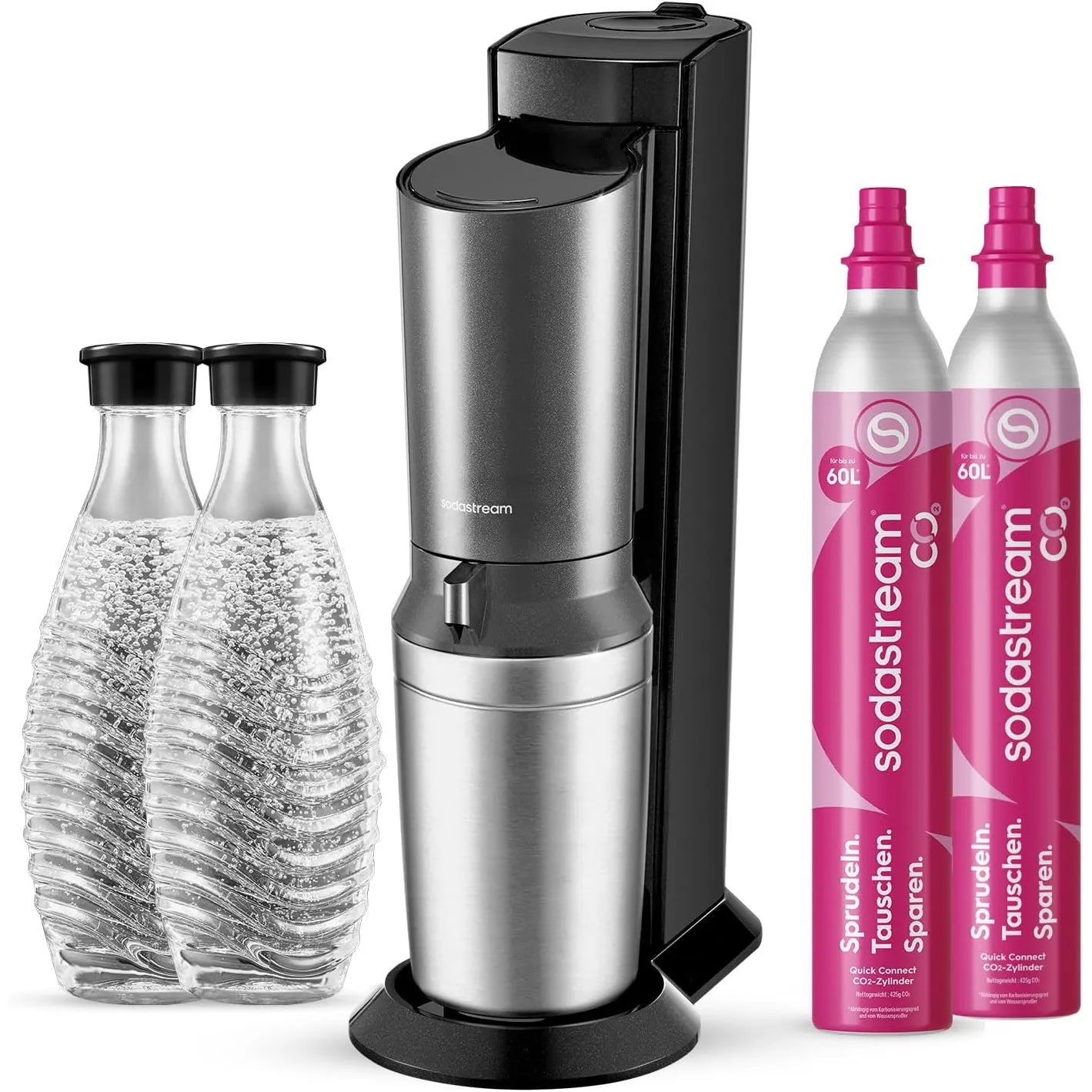 SodaStream Crystal 3.0 Wassersprudler mit 2x Quick-Connect CO2-Zylinder und 2x Glaskaraffen
