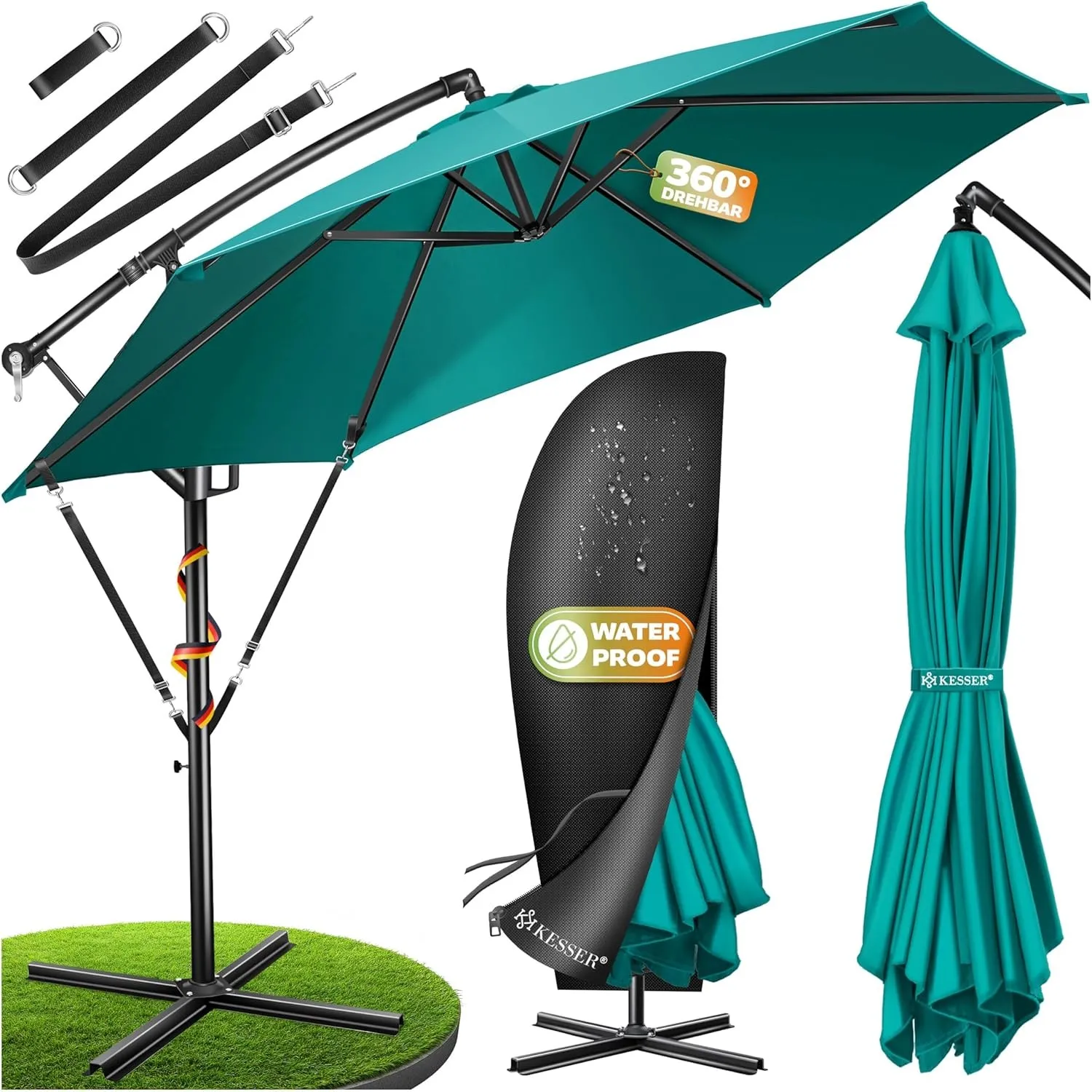 KESSER® Sonnenschirm Ø 300 cm, Ampelschirm mit Kurbel, für Balkon, Terrasse & Garten, Sonnenschutz, Gestell & Ständer a…
