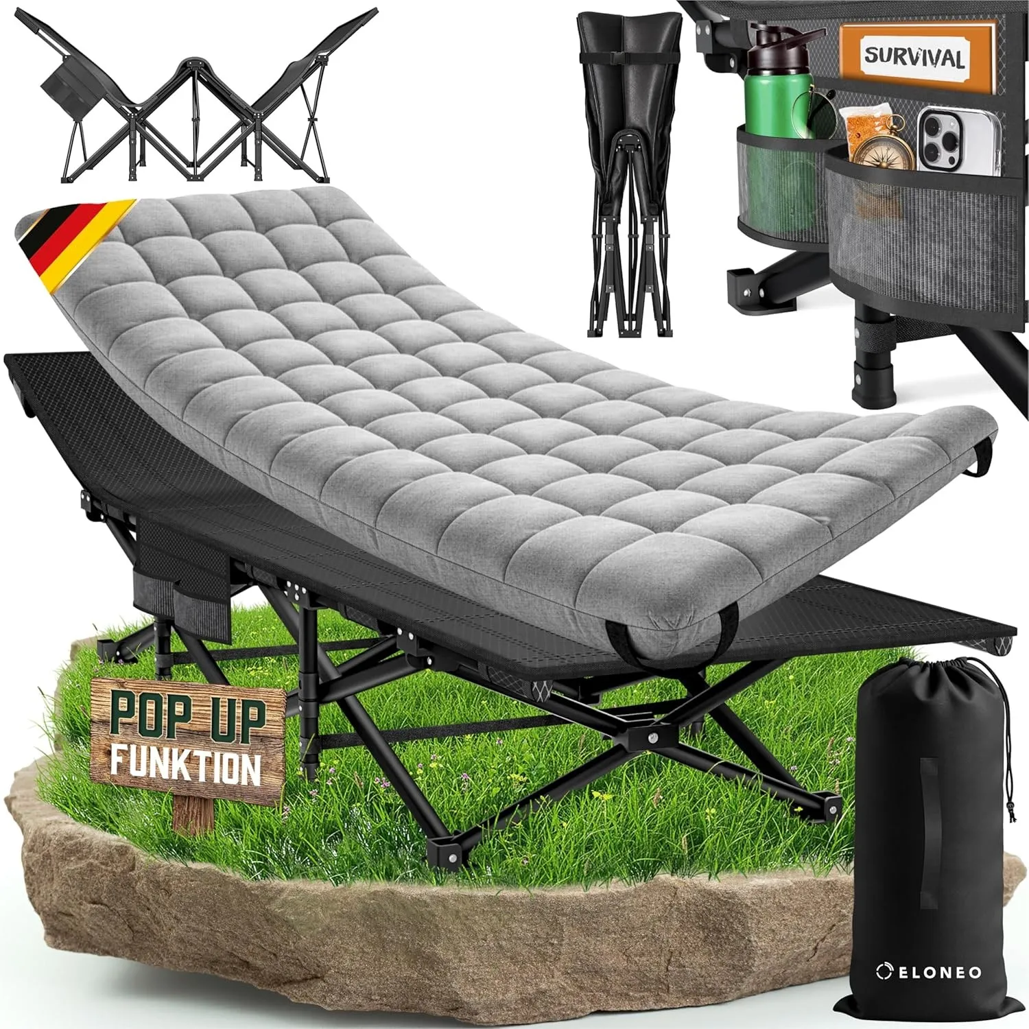 ELONEO NEU Feldbett klappbar mit Premium Auflage | Campingbett bis 200kg belastbar | Campingliege mit Seiten- & Trageta…