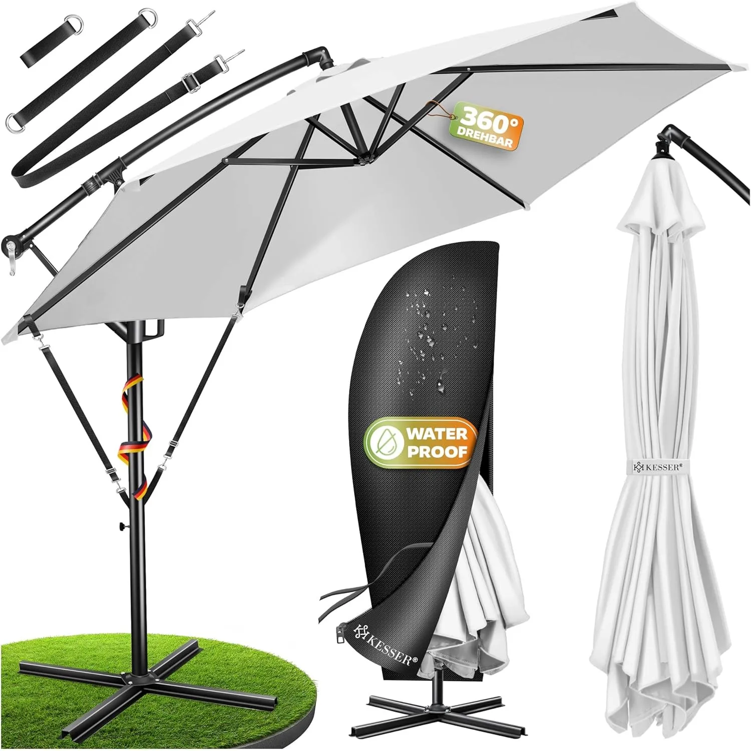 KESSER® Sonnenschirm Ø 350 cm, Ampelschirm mit Kurbel, für Balkon, Terrasse & Garten, Sonnenschutz, Gestell & Ständer a…