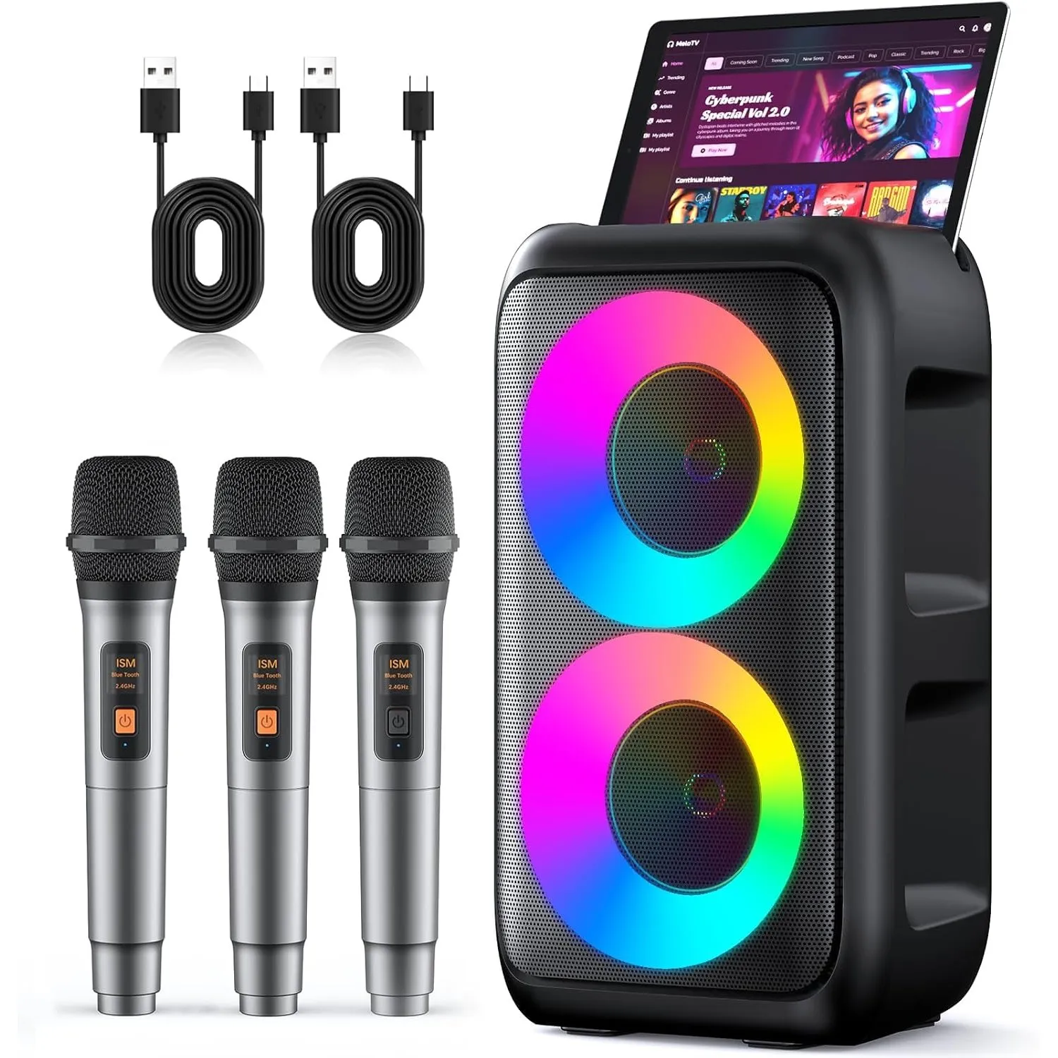 Karaoke-Maschine, tragbarer Bluetooth-Lautsprecher mit 3 kabellosen Karaoke-Mikrofonen, mit DREI Mikrofonen, 10 W Karao…