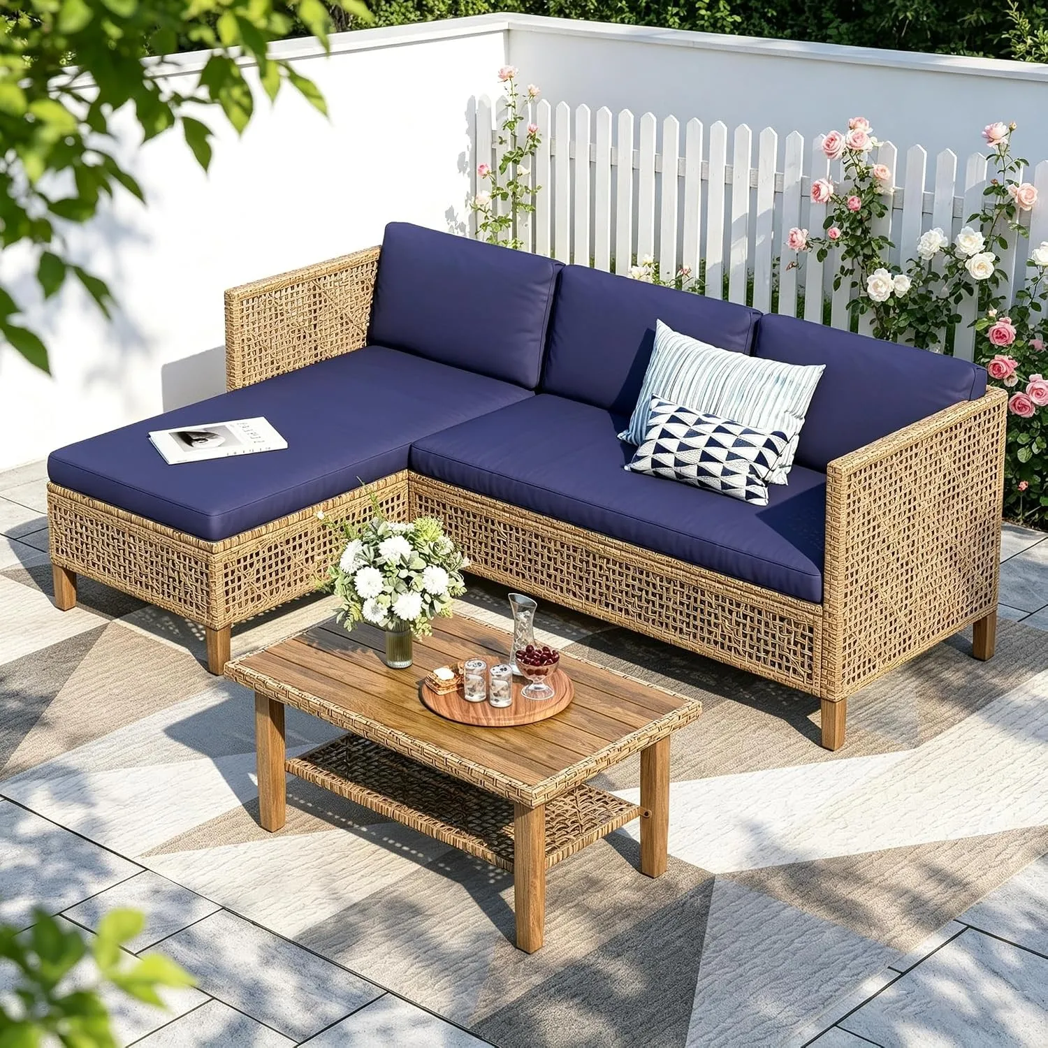 PHI VILLA Rattan Gartenmöbel Set Balkonmöbel für 4, Lounge Möbel Outdoor Gartenlounge Terassenmöbel Gartensofa mit 1 Ch…