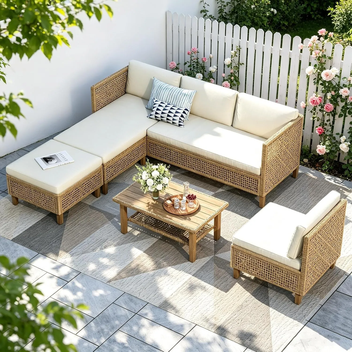 PHI VILLA Rattan Gartenmöbel Set Balkonmöbel 6 Personen, Lounge Möbel Outdoor Gartenlounge Gartensofa mit 1 Chaise Long…