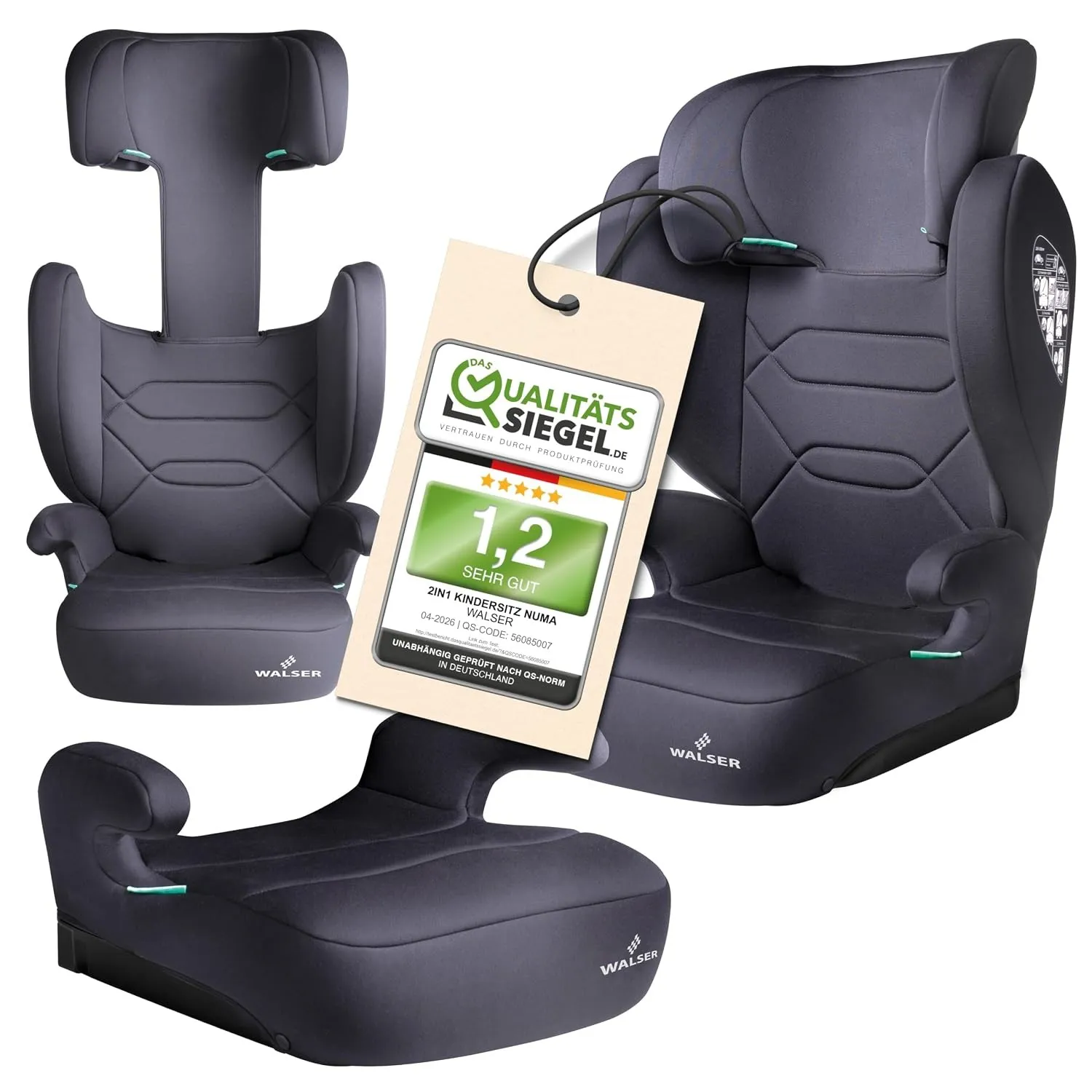 WALSER Premium Kindersitz Auto Numa, bequeme 2in1 Kinder Sitzerhöhung abnehmbare Rückenlehne + mitwachsende Kopfstütze …