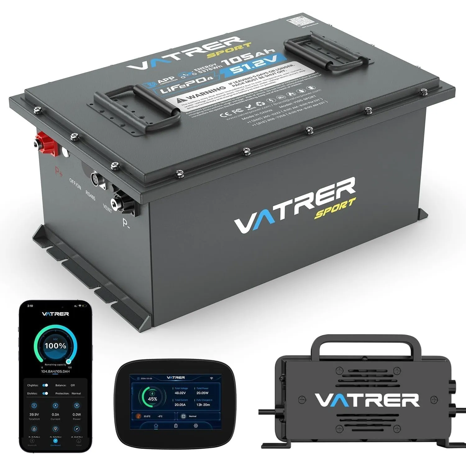 VATRER POWER 48V 105Ah LiFePO4 Batterie für Golfwagen & UTV, Metallgehäuse