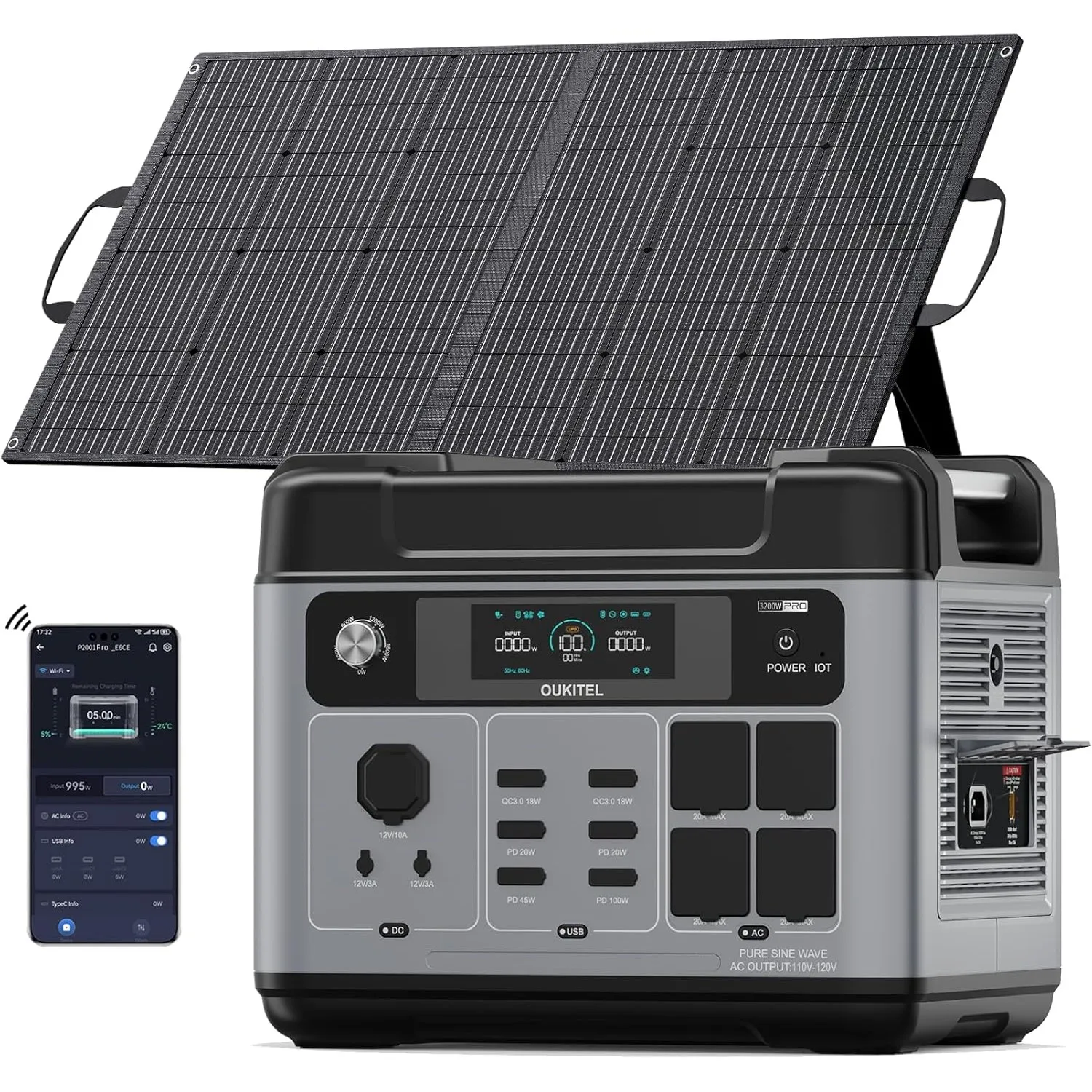 OUKITEL Solargenerator 3200W mit 100W Solarpanel | 2048Wh Tragbare Powerstation (6400W Peak), LiFePO4 Batterie, 1 Std S…