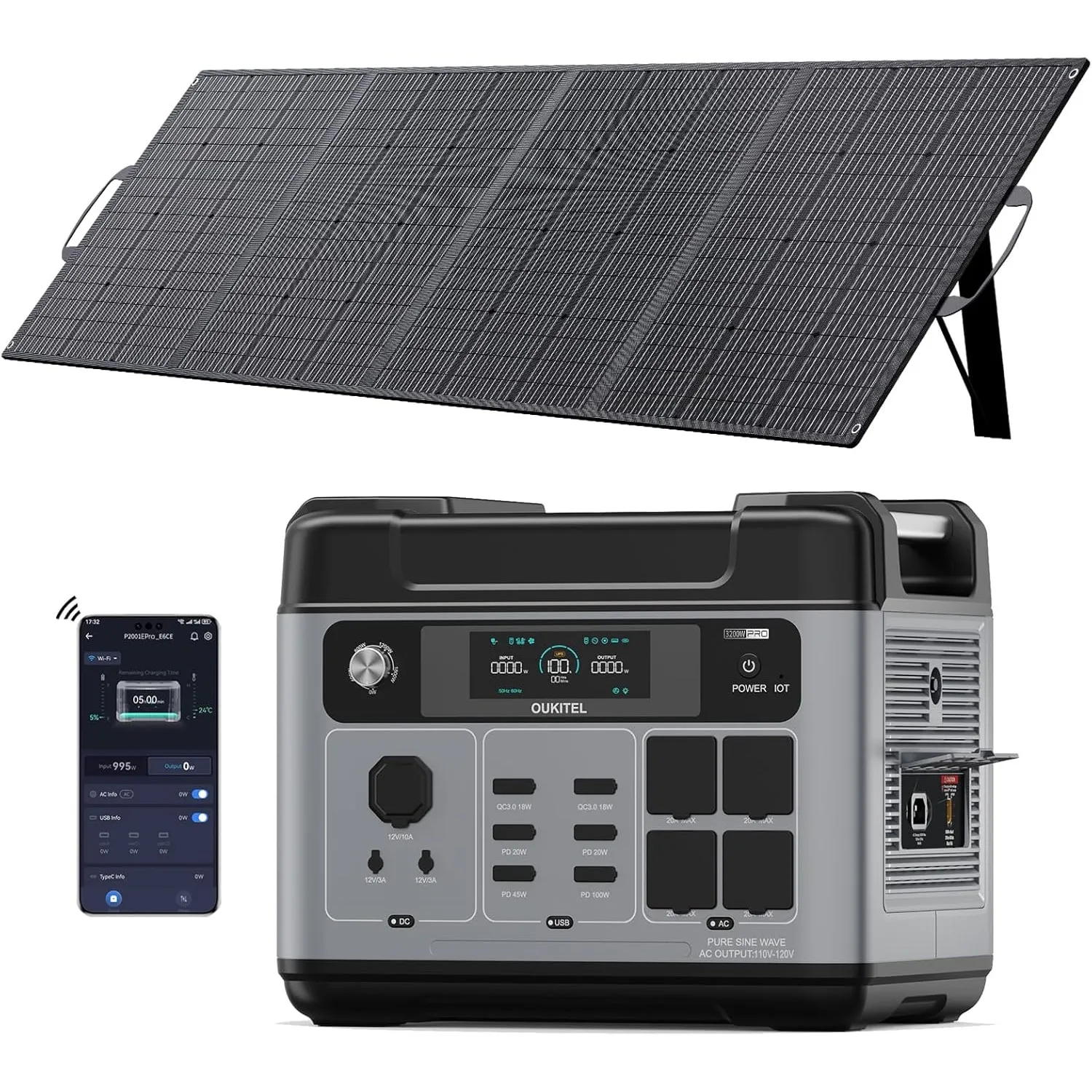 OUKITEL Solargenerator 3200W mit 400W Solarpanel | 2048Wh Tragbare Powerstation (6400W Peak), LiFePO4 Batterie, 1 Std S…