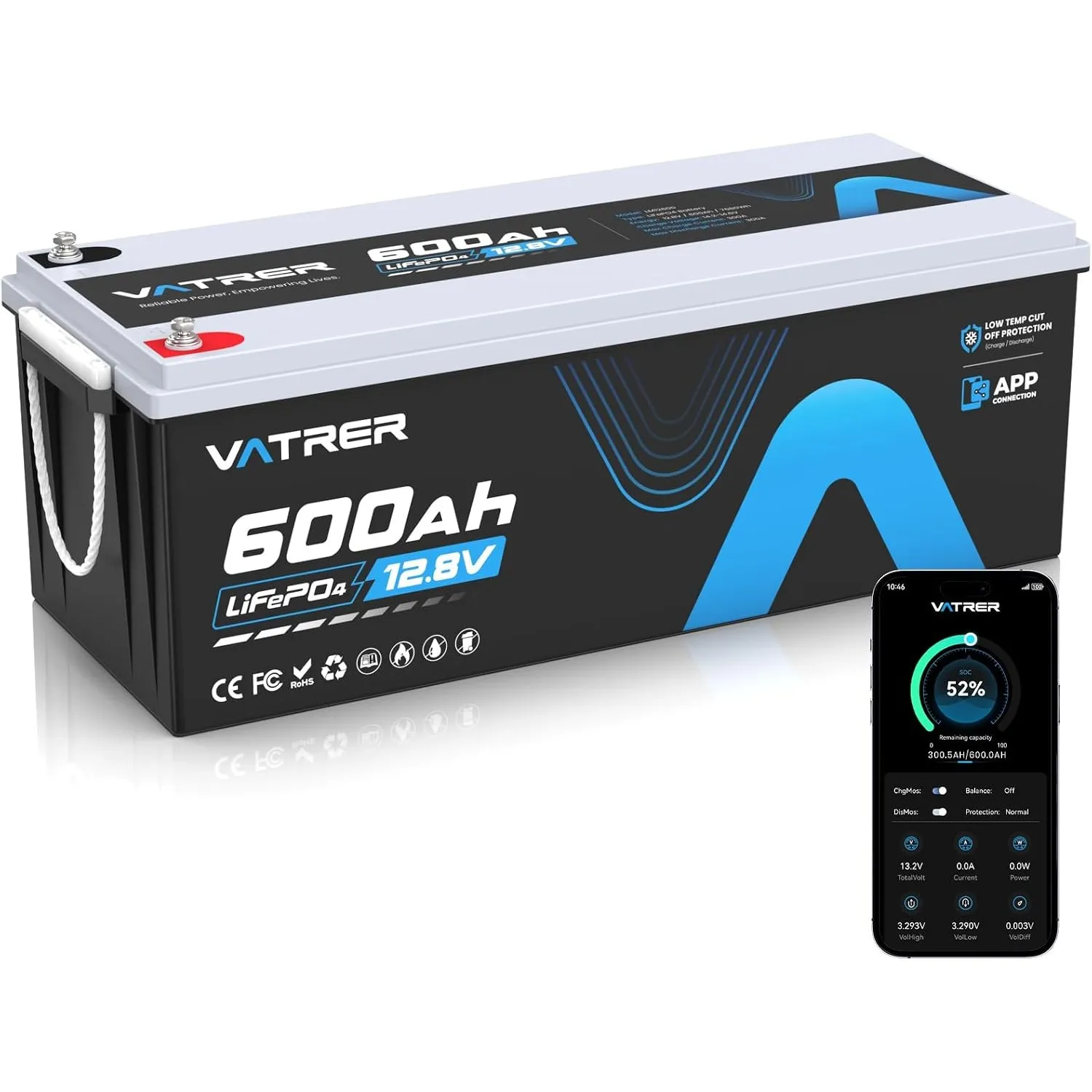VATRER POWER 12V 600Ah LiFePO4 Batterie mit Bluetooth APP
