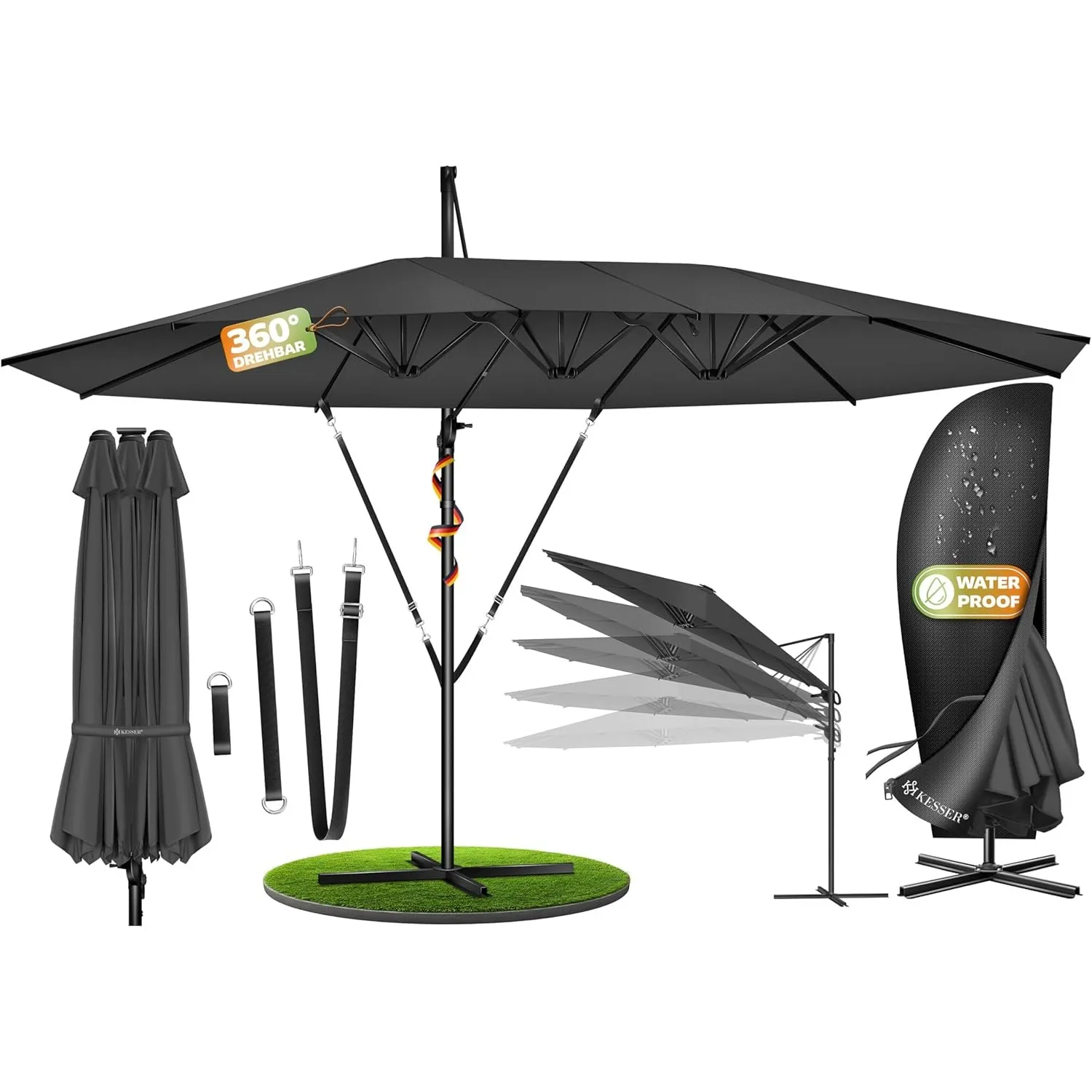 KESSER® Sonnenschirm Doppelsonnenschirm 4,6m x 2,7m | Ampelschirm Abdeckung & Windsicherung mit Kurbel & Ständer | Kurb…