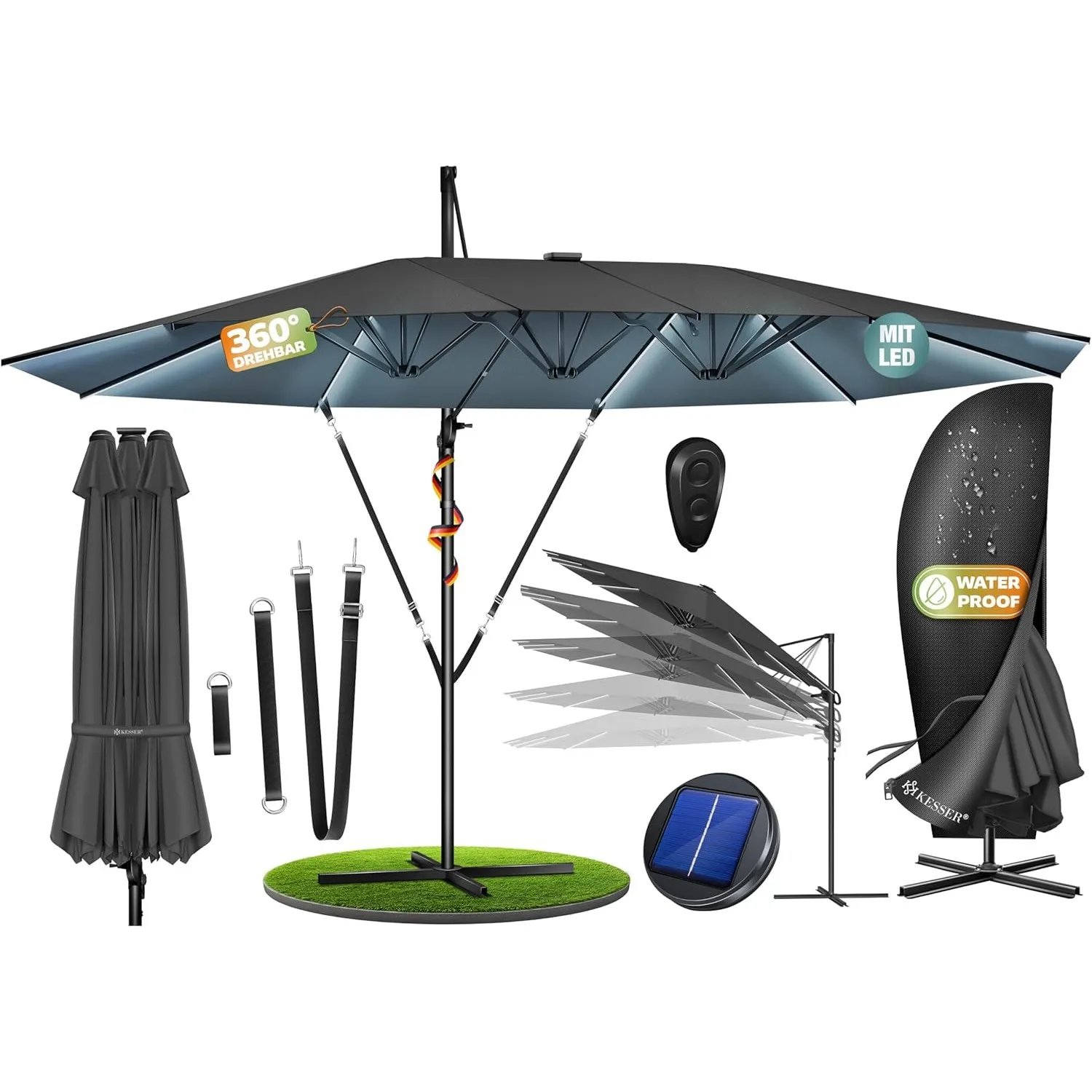 KESSER® Sonnenschirm Doppelsonnenschirm 4,6m x 2,7m | Ampelschirm Abdeckung & Windsicherung mit Kurbel & Ständer | Kurb…