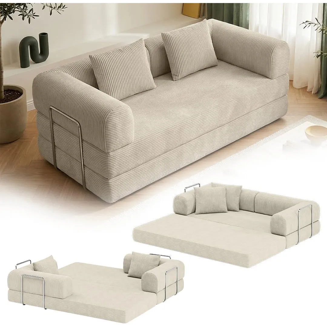 skølm Lofn Schlafsofa 2-Sitzer 200 cm, Cord Beige, mit 2 Kissen, Klappsofa | Ausklappbare Couch zum Bodensofa, Vollscha…