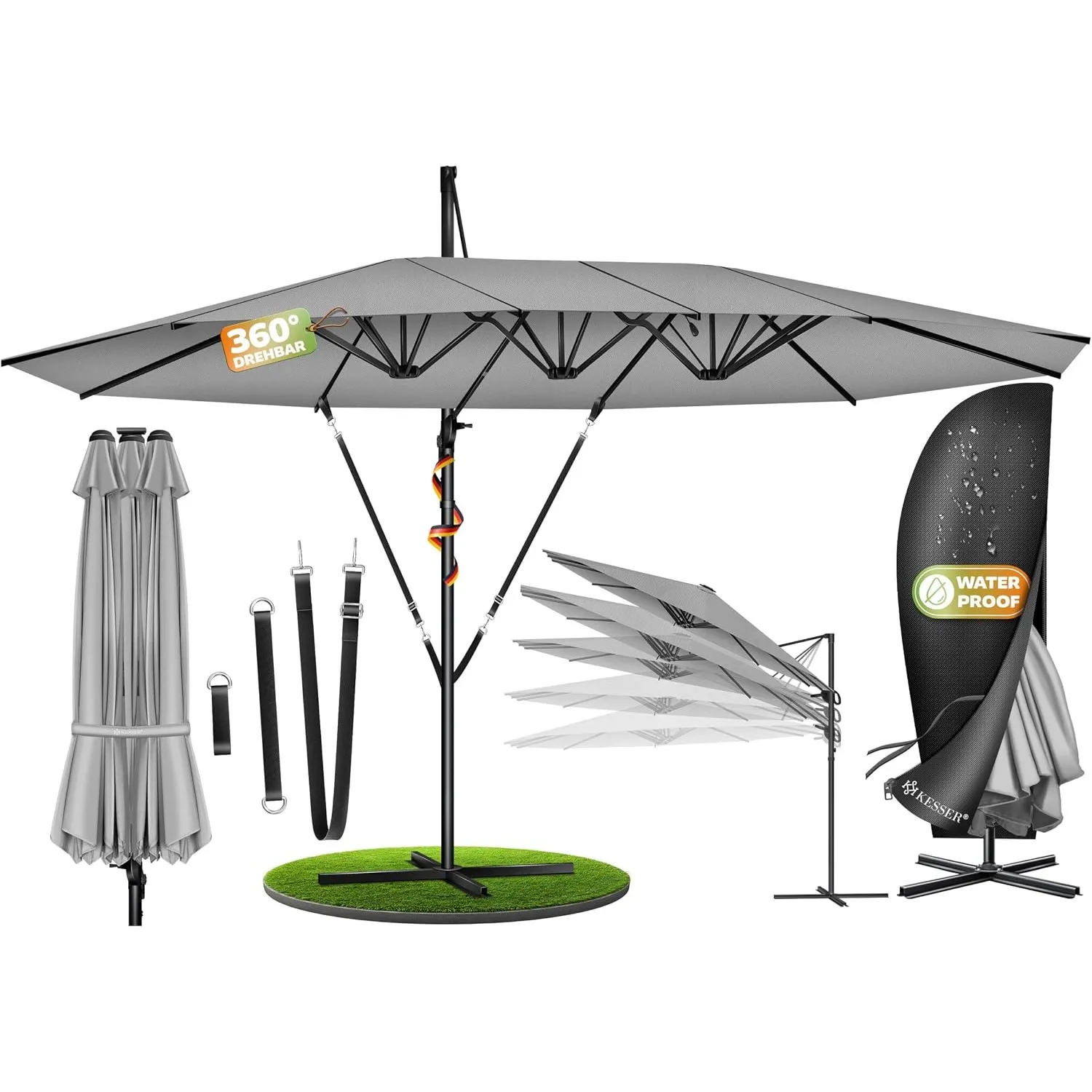 KESSER® Sonnenschirm Doppelsonnenschirm 4,6m x 2,7m | Ampelschirm Abdeckung & Windsicherung mit Kurbel & Ständer | Kurb…