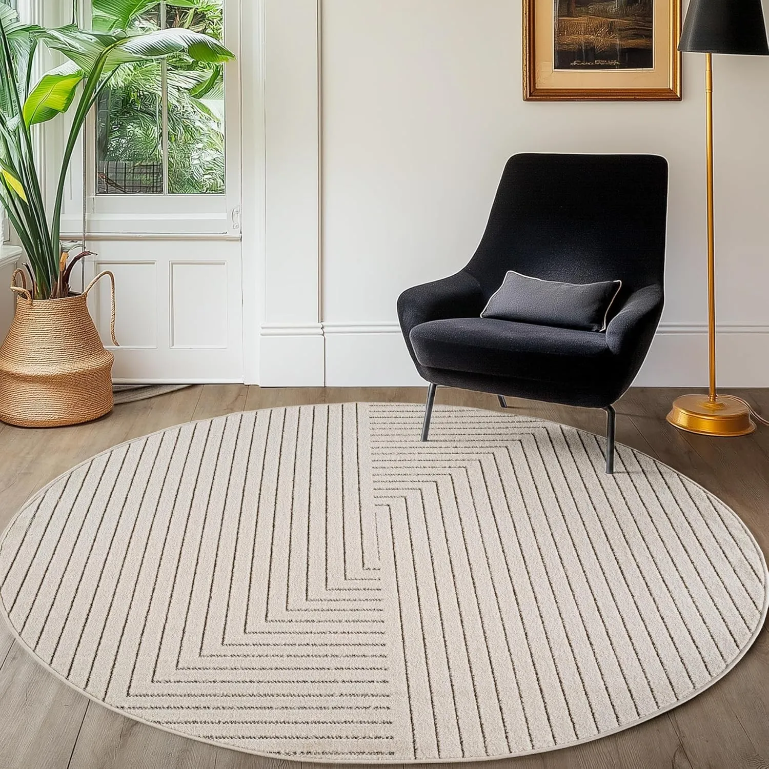 SIMPEX Kurzflor Teppich Rund 200 cm Creme, 3D Hoch Tief Effekt, Skandinavischer Boho Teppich für Wohnzimmer Esszimmer, …